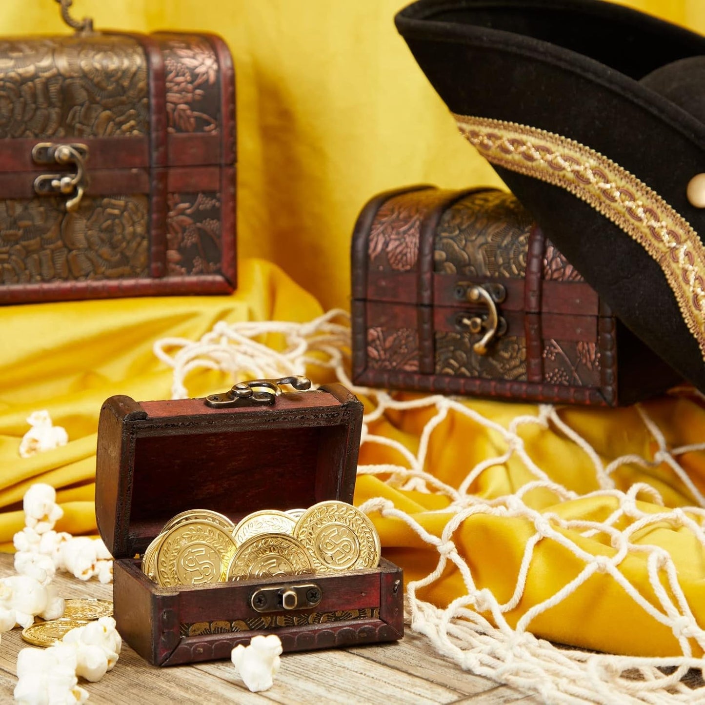 Juvale Wooden Treasure Chest Set - 3 Nesting Boxes, Brown Floral - Decorative Storage & Jewelry Box with Hinged Lid, Vintage Antique Decor