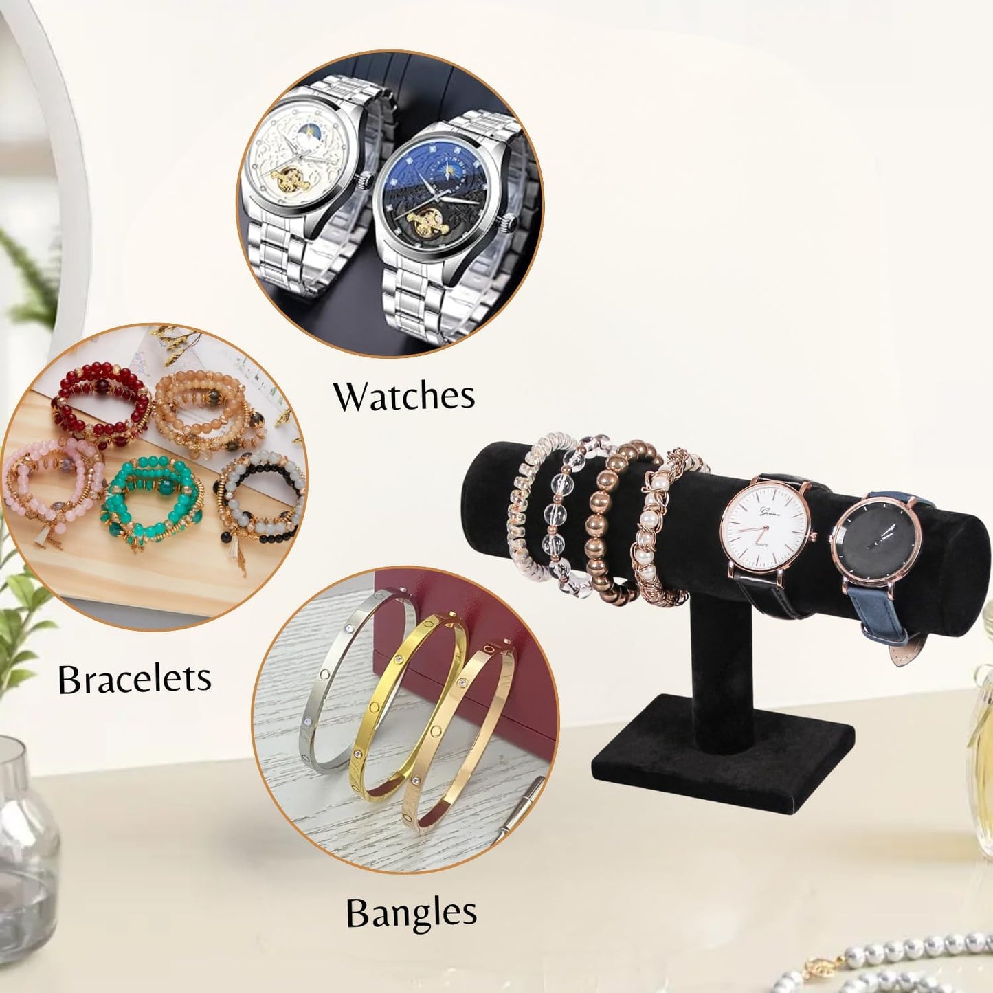 Novel Box Black Velvet T-Bar Bracelet Display Stand - Jewelry Organizer Tower Stands for Necklace Bangles Pendants Watch Anklets Scrunchie Storage - Hair Tie Organizer for Selling or Personal Use