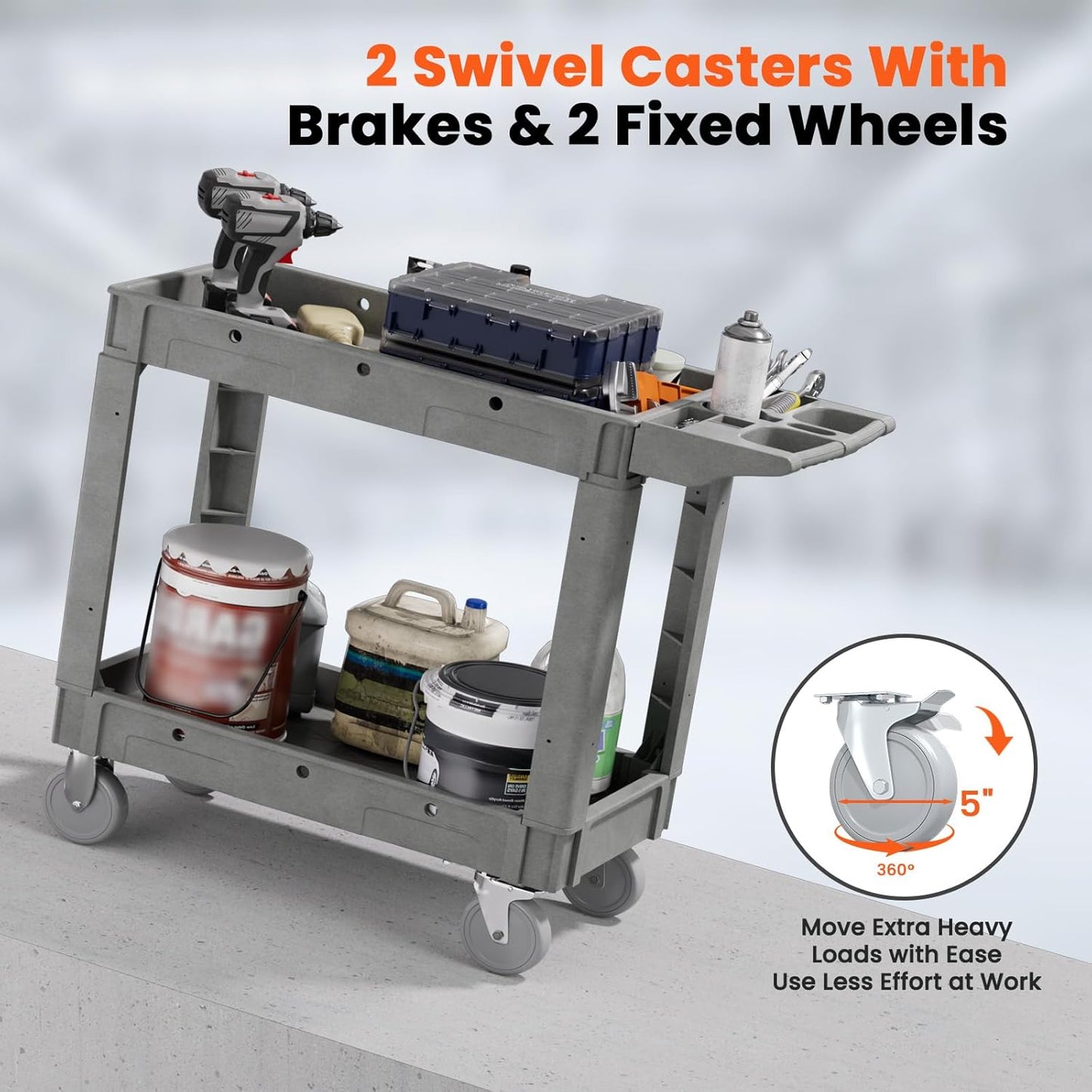 2 Tier Plastic Rolling Utility Cart on Wheels, Heavy Duty Tool Cart with Deep Shelves and 360° Swivel Wheels Holds up to 550 lbs, Service Cart for Garage, Warehouse, Cleaning (Grey-M)