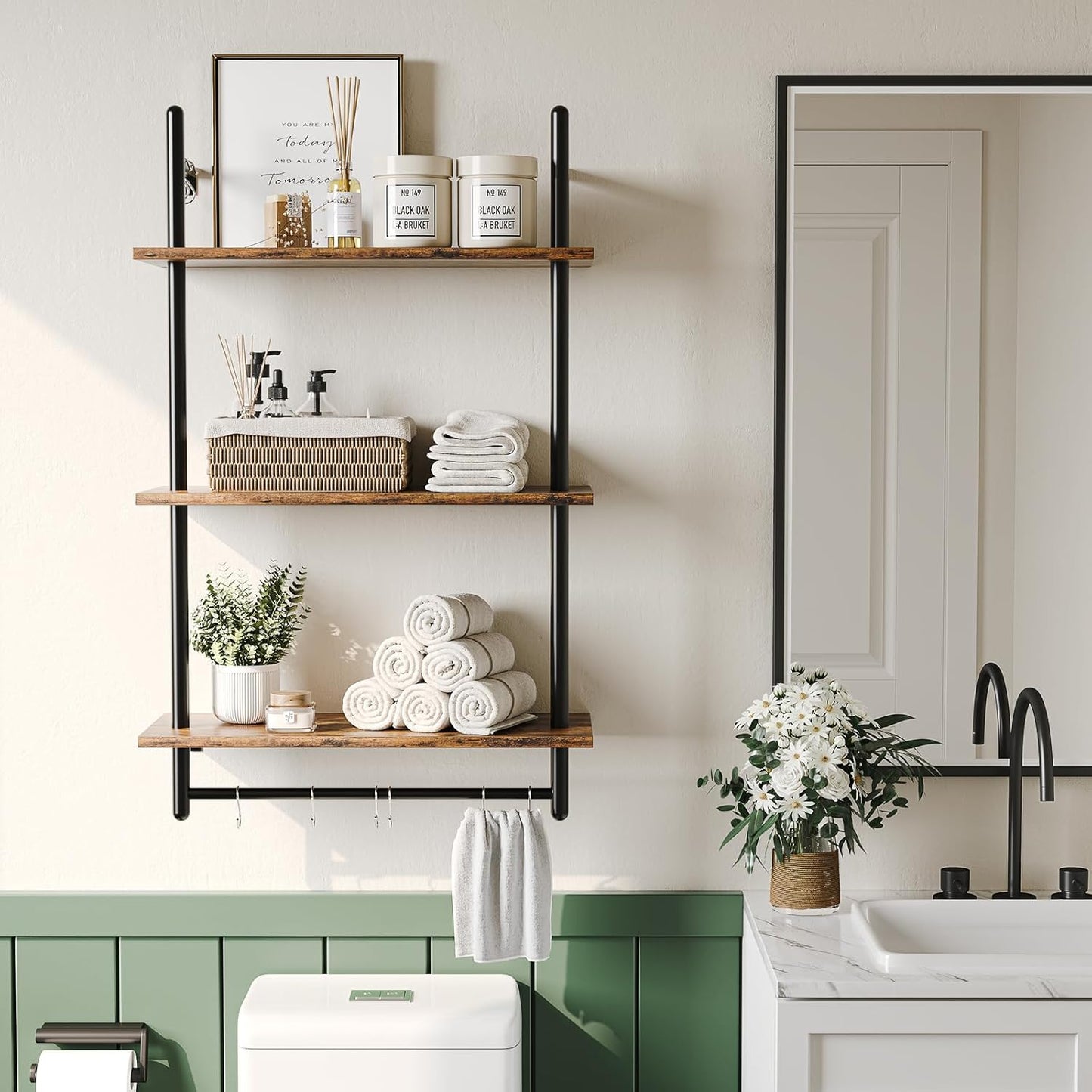 Bestier 3 Tier Industrial Pipe Shelving, Floating Kitchen Shelves for Wall, Storage Coffee Bar Hanging Shelves with Towel Bar for Kitchen Living Room Bathroom Organizer Bedroom, 24 Inch Rustic Brown