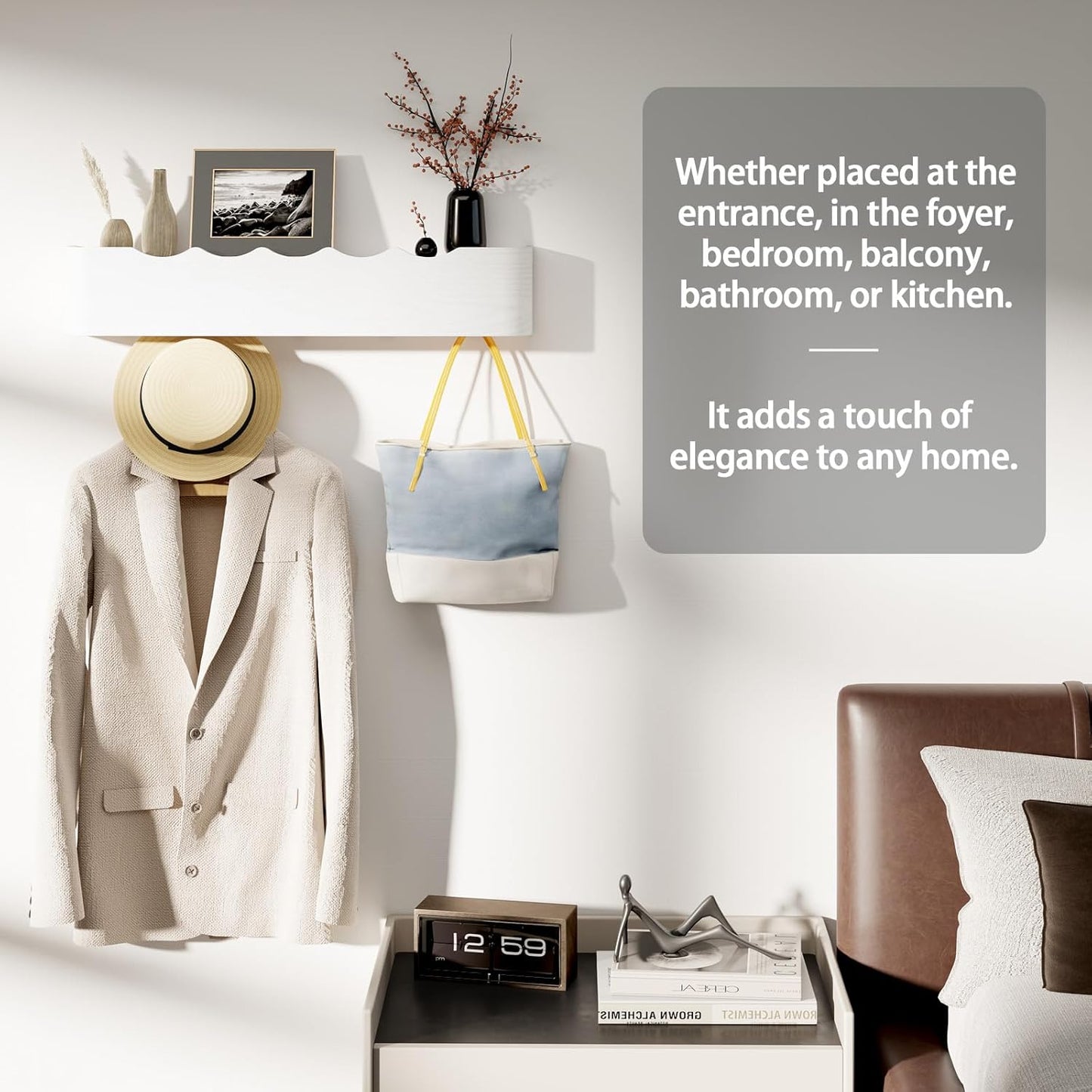 Coat Rack Wall Mount with Shelf 4 Hidden Hooks Modern Wooden Key Holder Entryway Organizer for Hallway Bedroom Bathroom Home Decor Storage for Hanging Coats Hats Bags Towels, Wave-Shape White