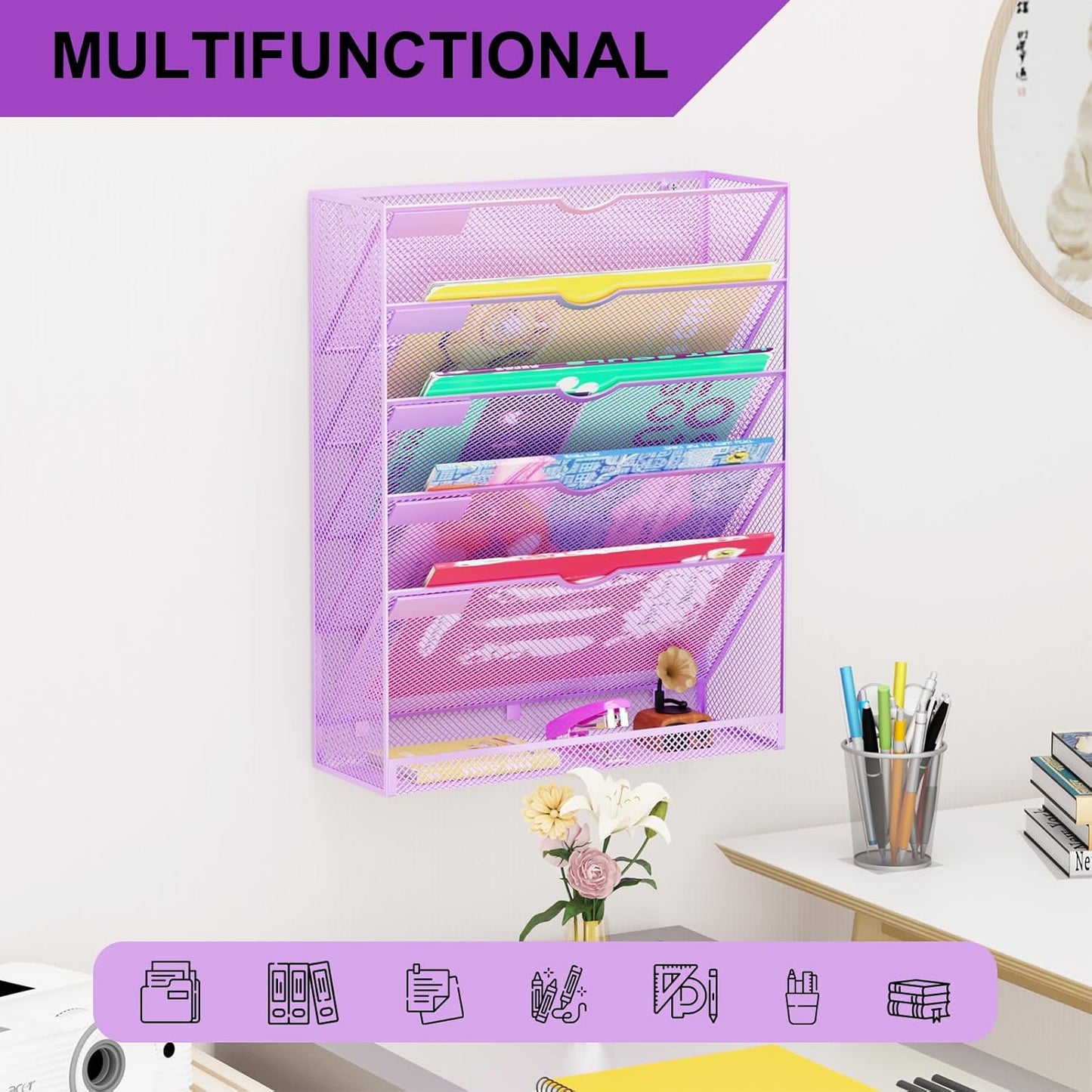 Hanging Wall File Organizer 6 Tier Wall Mounted Mail Paper Folder Holder Document Organization Stand, Vertical Desk Magazine Rack for Office Home Cubicle Countertop, Light Purple