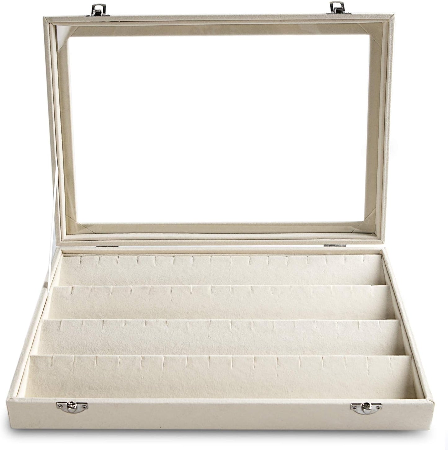 Frebeauty Earring Organizer Tray with Clear Lid 64 Slots Velvet Drawer Insert Earring Storage box with Transparent Glass lid Jewelry Display Case Store Showcase Gifts for Women(Beige, Earrings)