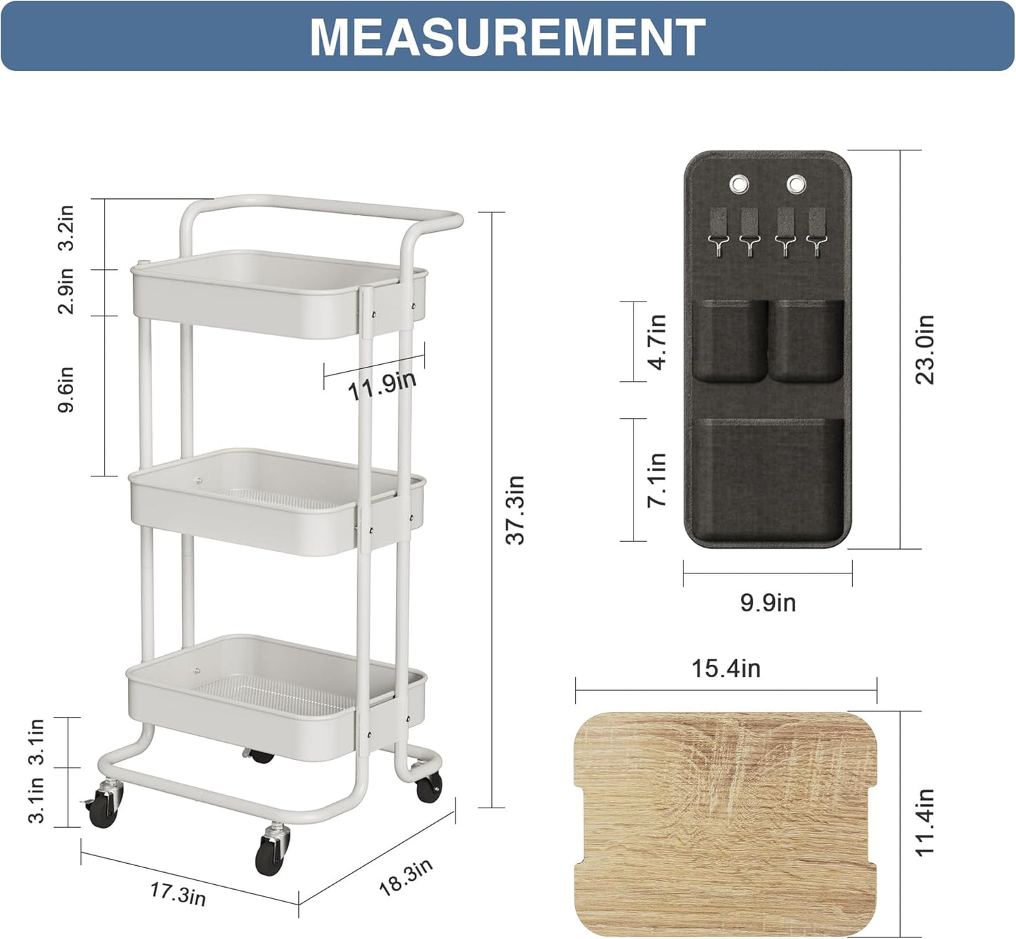 DTK 3 Tier Metal Utility Rolling Cart with Table Top and Side Bags, Metal Tray Storage Organizer Cart with Wheels, Art Craft Cart with 4 Hooks for Kitchen Bathroom Office Living Room (White)