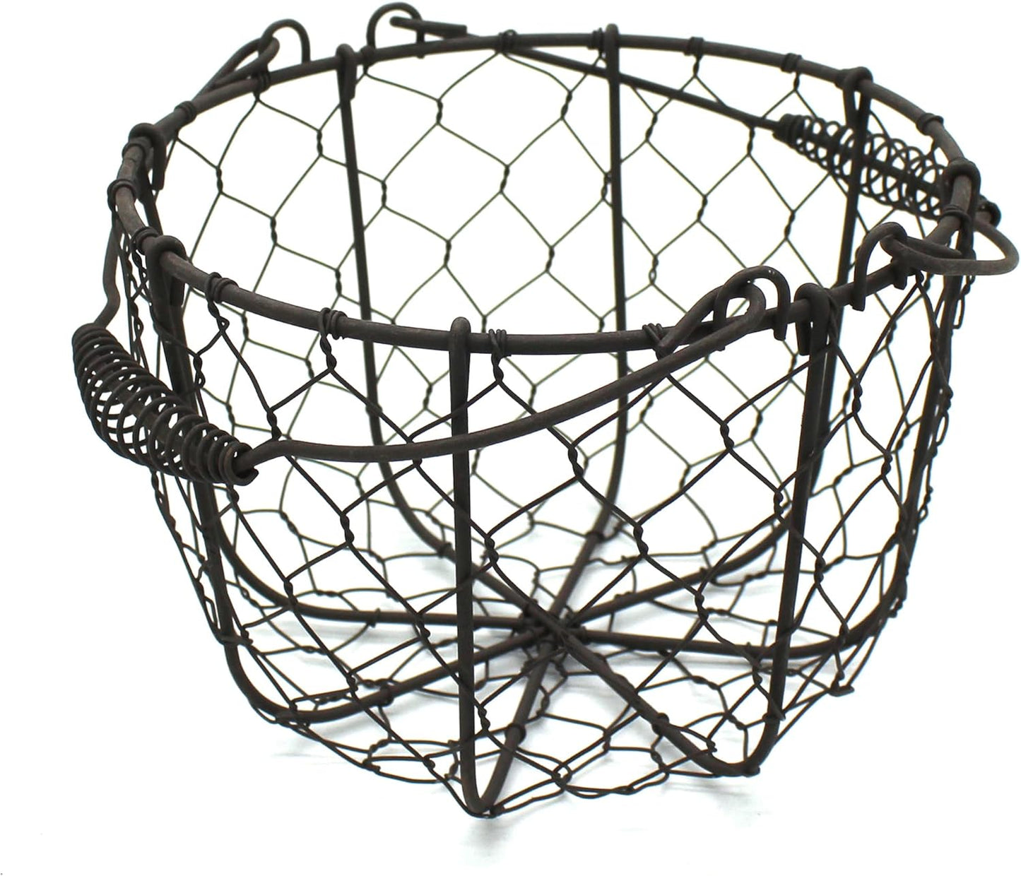 CVHOMEDECO. Round Chicken Wire Egg Basket Fruit Basket with Swing Handles Primitives Vintage Gathering Basket. Rusty