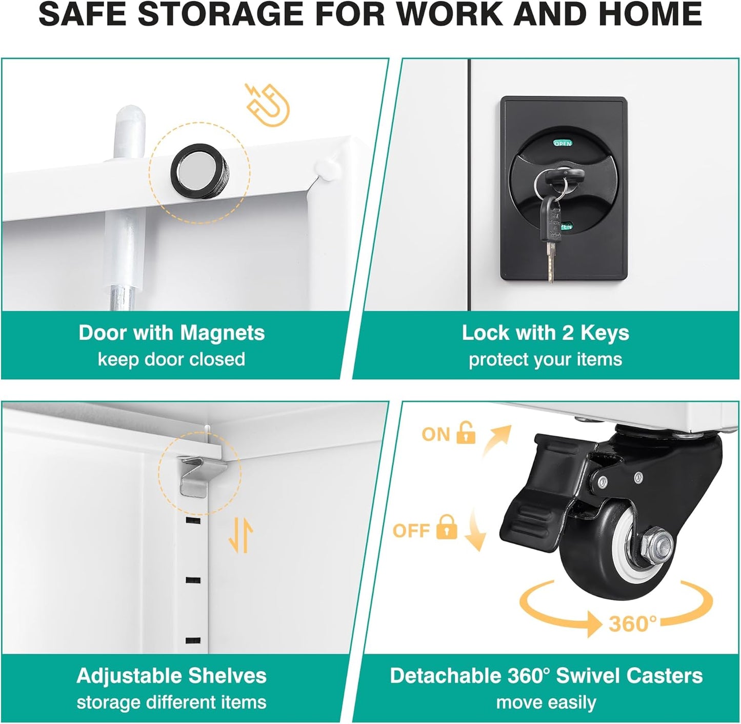 SISESOL 75" Tall Metal Storage Cabinet with Wheels,Rolling Garage Storage Cabinet with Lock,White Metal Cabinets with Wheels and Shelves,Tool Cabinets on Roller for Garage,Home,Office,Shop