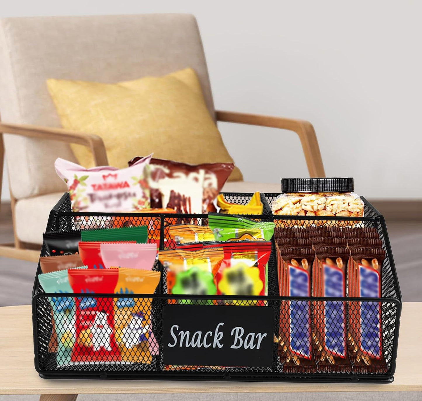 Metal Wire Snack Display Baskets,5-Compartment Snacks Storage Bin for Countertop,Office,Party,Bedroom,Kitchen,Pantry Shelf,Snacks Cabinet Dispenser Caddy for Chips,Packets