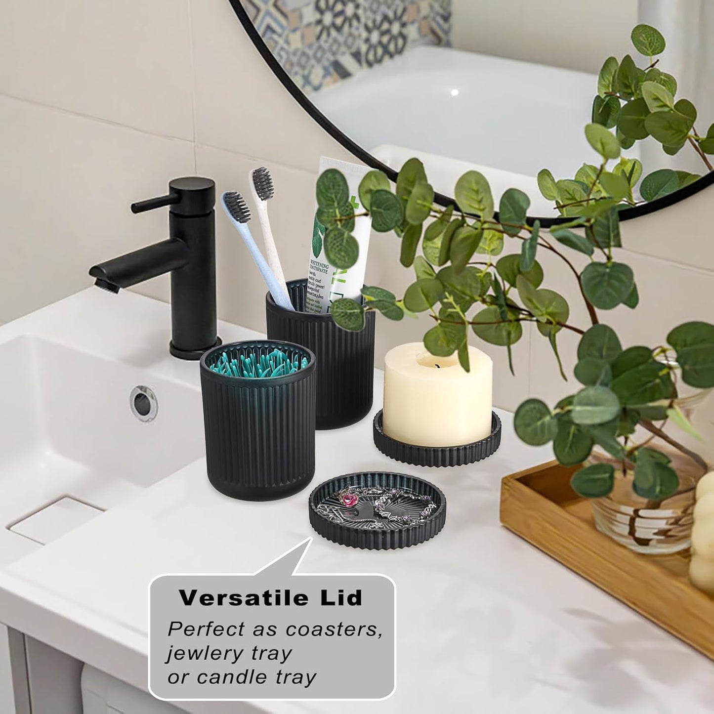 2 Pack Glass Qtip Holder with Lid, Qtip Dispenser Bathroom Storage Jars- Glass Apothecary Jars for Cotton Ball, Swab, Pads, Floss Picks, Bathroom Accessories Organization and Vanity Organizer(Black)