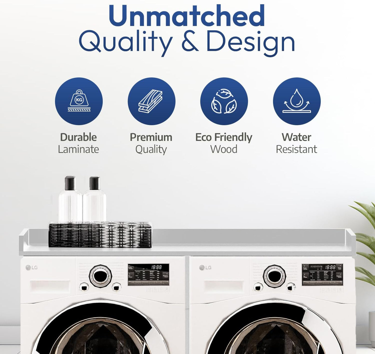 OfficeSimpli Washer Dryer Countertop, Made in USA, Non-Slip Pads, Easy Clean, Laundry Room Essentials and Decor, Washer Dryer Wood Top for Organization (Glacier White, Standard (27.5" x 54"))