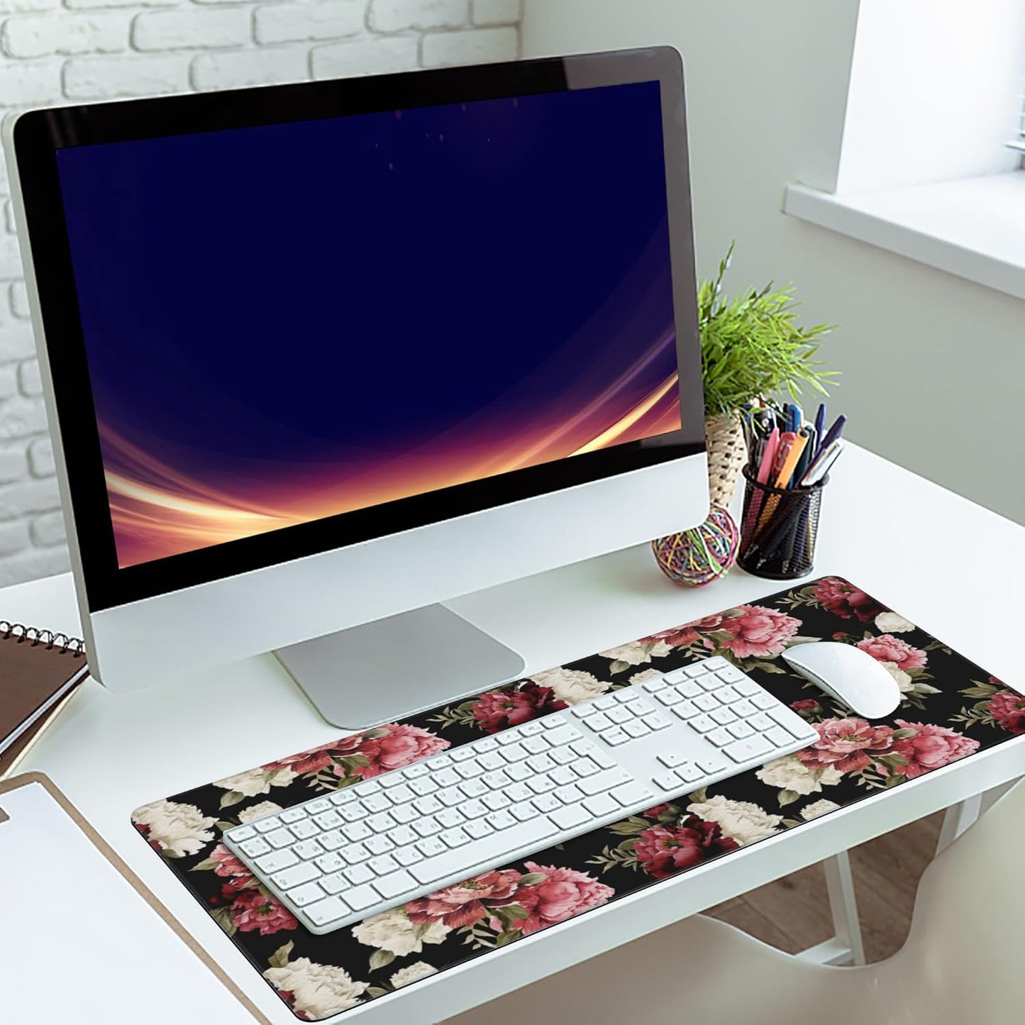 Desk Mat,Watercolor Peonies Floral Gaming Mouse Pad,XXL Extended Mouse Pad Mat for Office,Computer,Keyboard with Non-Slip Base Stitched Eges Mousepad 35.4x15.75 inch