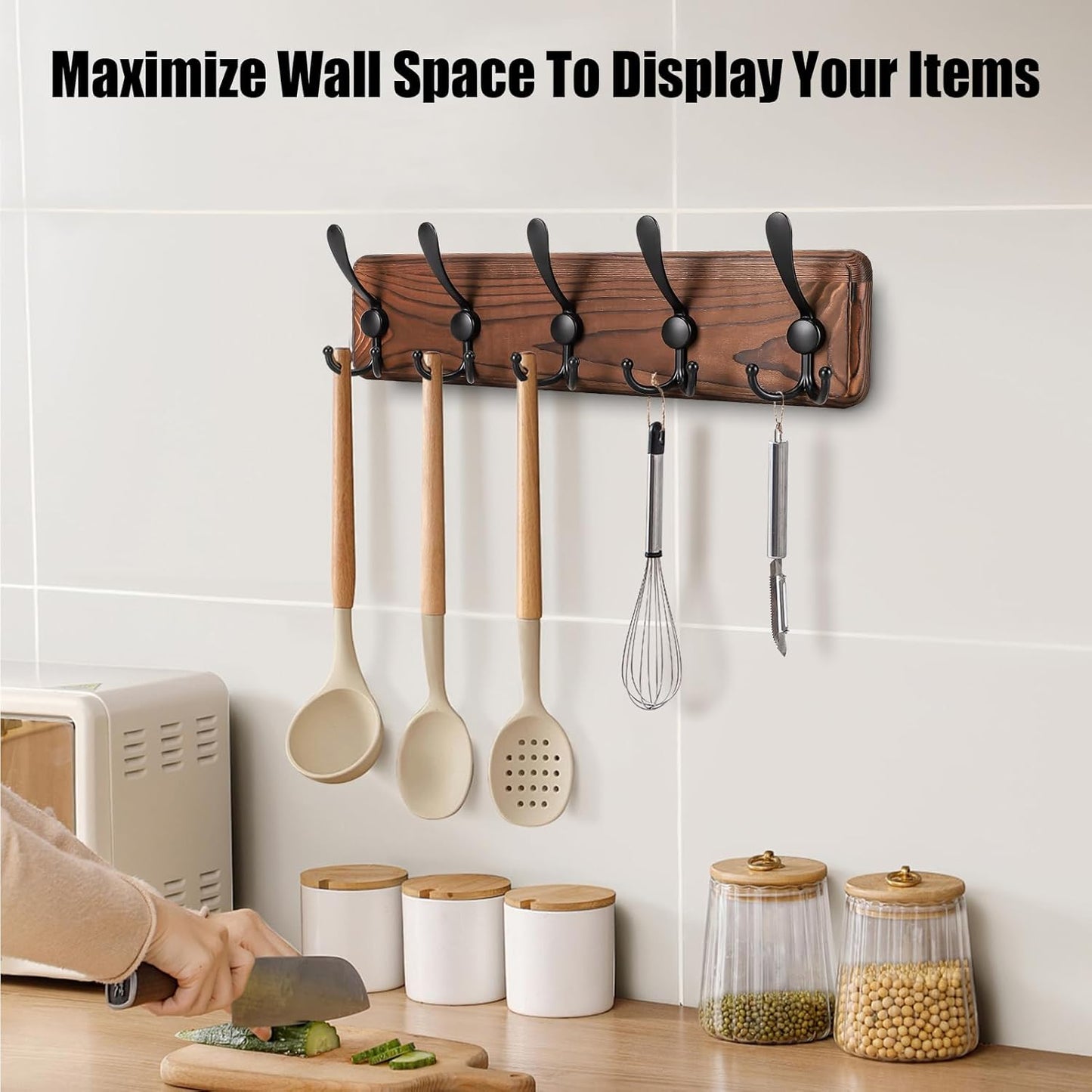 Kruodop Large Coat Rack Wall Mount Coat Hooks Coat Hanger with 5 Metal Black Triple- Hooks Brown Pine Real Wood Plank Hat Rack for Wall Hooks for Hanging Coat Hat Jacket