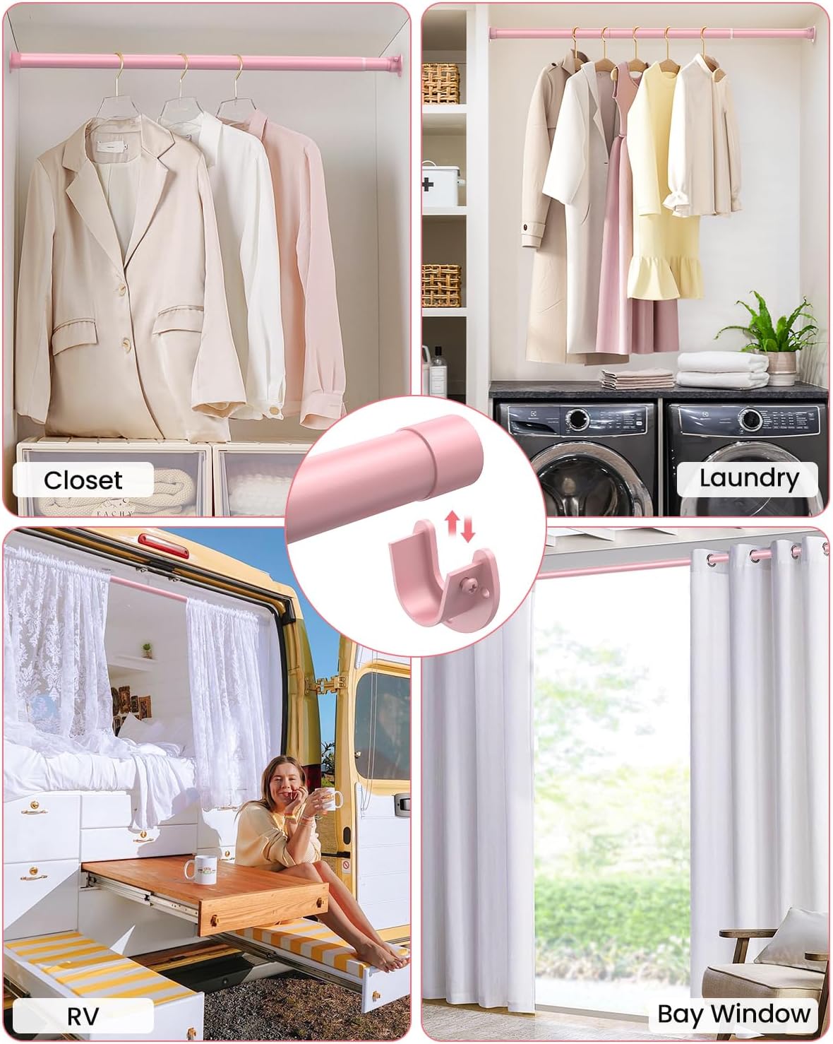 Closet Rods for Hanging Clothes, 17 to 69 Inches Stepless Adjustable Metal Closet Rod, 1.3 Inches Heavy Duty Clothes Hanging Rod for Closet Wardrobes Laundry RV, Pink