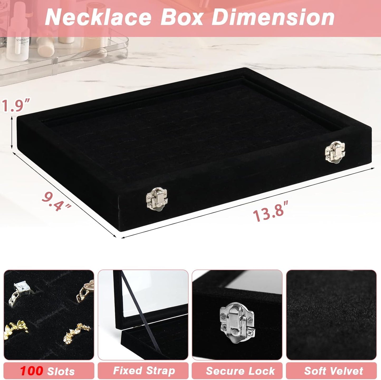 Ring Organizer for Jewelry, Ring Holder Box with Clear Lid, Dustproof Velvet Rings Display Tray Storage Case, 100 Slot Glass Top Jewelry Tray Drawer Insert for Multiple Rings Studs Earring (Black)