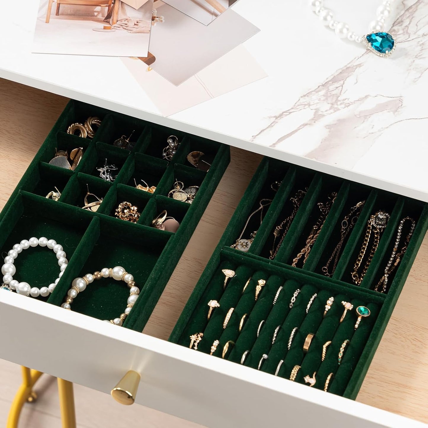 ProCase Stackable Jewelry Organizer Trays for Drawers, Jewelry Drawer Inserts Container Display Case Storage for Earring Necklace Rings Bracelet with Removable Dividers -Green, 2 Layers