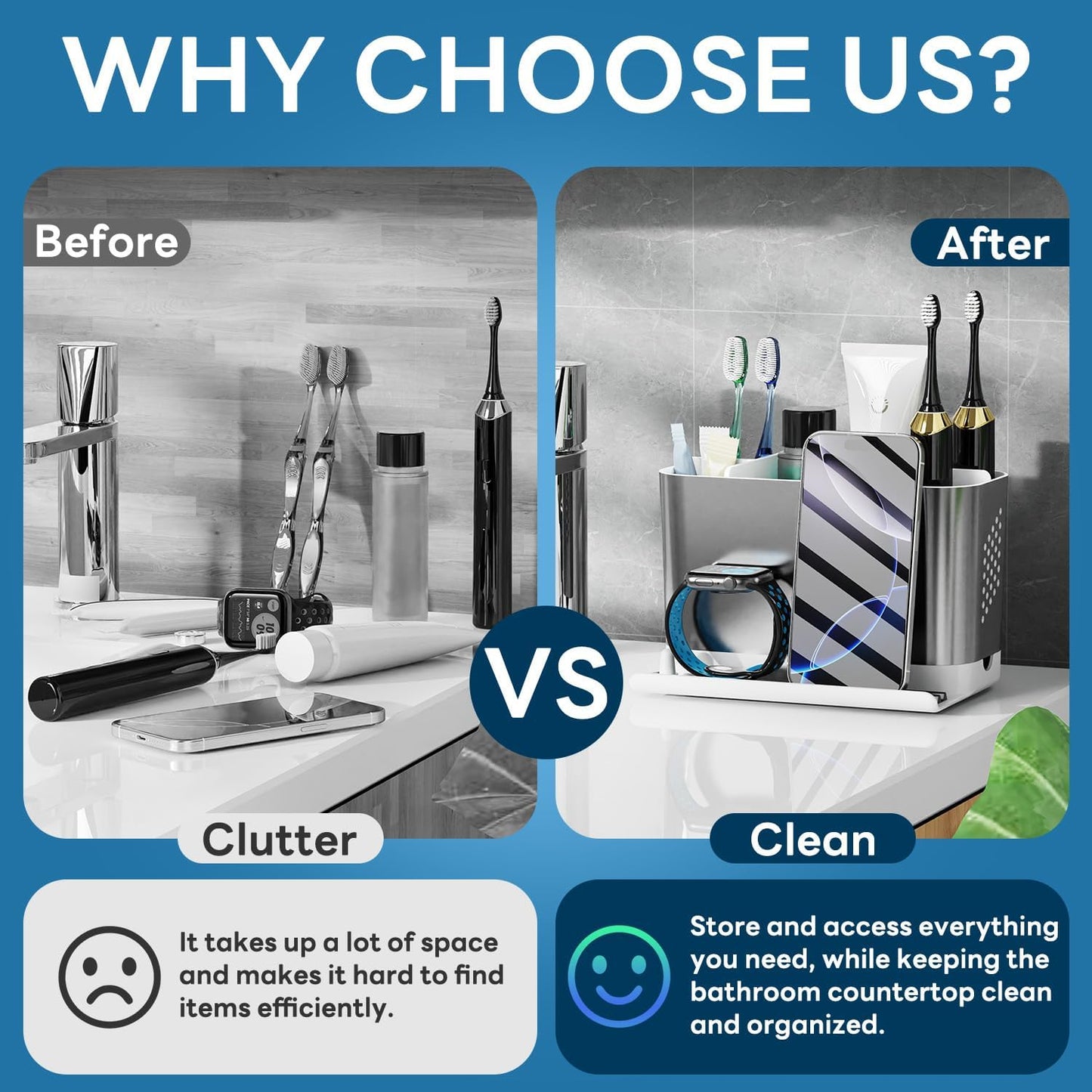 Bathroom Countertop Organizer with Front Ledge for Phone, Detachable Kids Toothbrush Holders with Cord Slots and Ring Holder, 6 Slots Toothbrush Toothpaste Holder with Drainage for Family