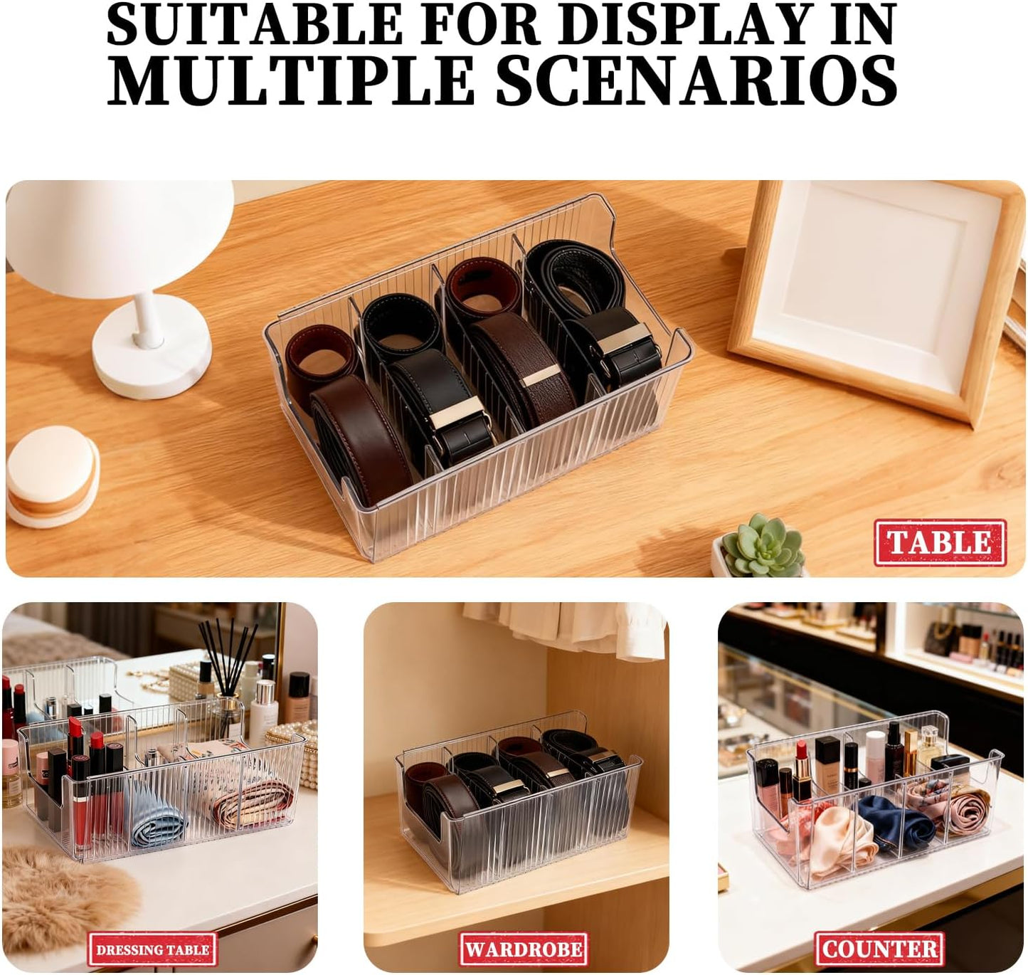 Belt Storage,2-Piece Set with Transparent Belt Rack and Adjustable Divider for Storing Underwear,Socks,tie Drawers and wardrobes