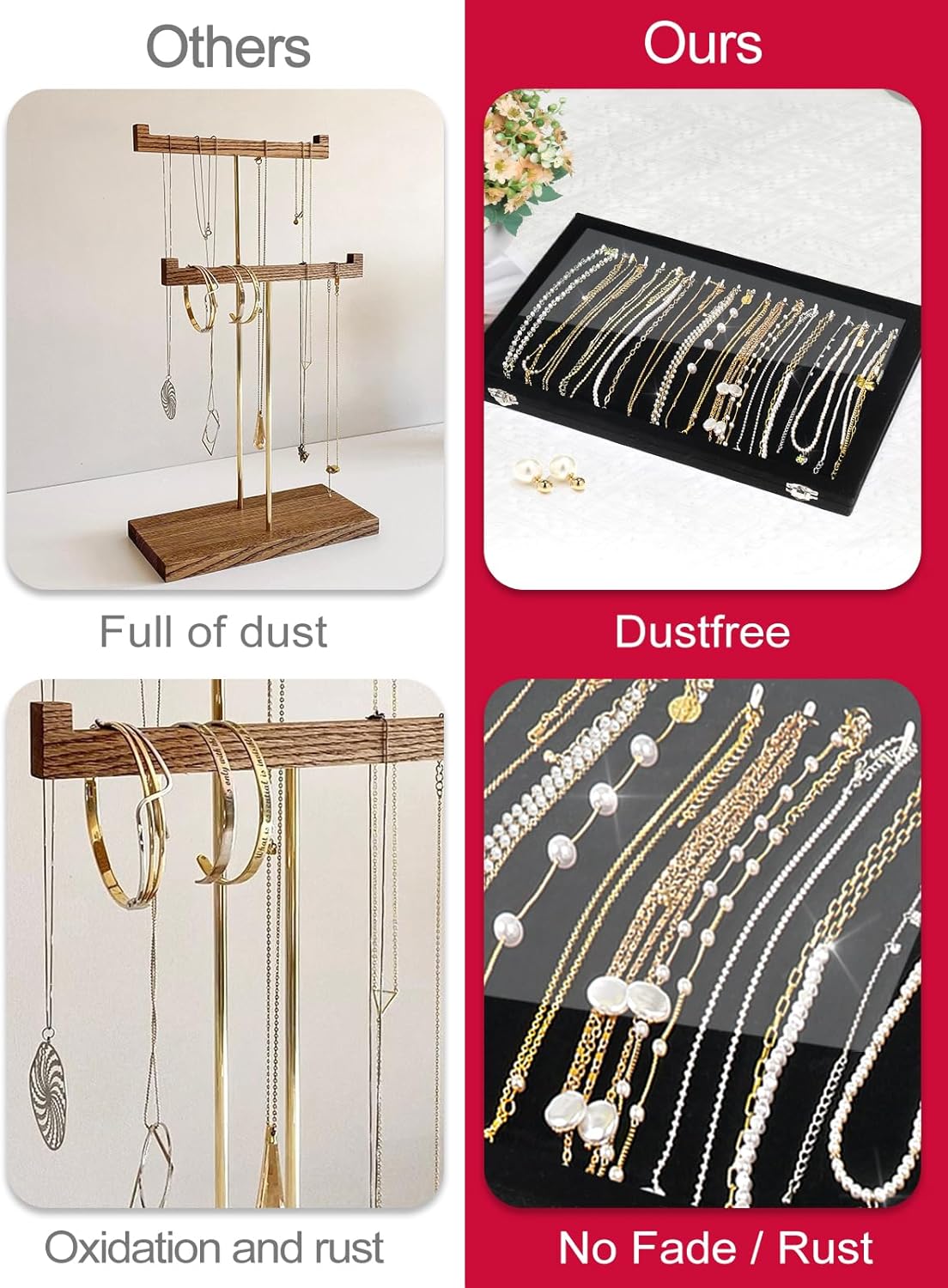 Jenseits Necklace Organizer Box, Tray with Clear Lid, Velvet Dustproof Necklaces Holder Storage Display Case, 20 Hooks Glass Top Jewelry Tray Drawer Insert for Pendant Bracelet