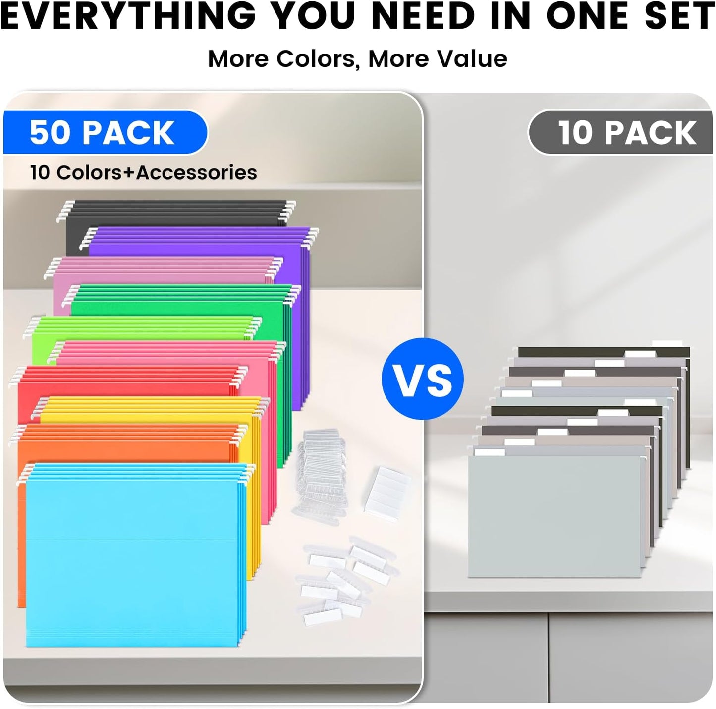 50-Pack Assorted Hanging File Folders, Letter Size with 55 Transparent Label Cards, 60 Sticker Labels,1/5-Cut Tabs–Home Office & Filing Cabinets