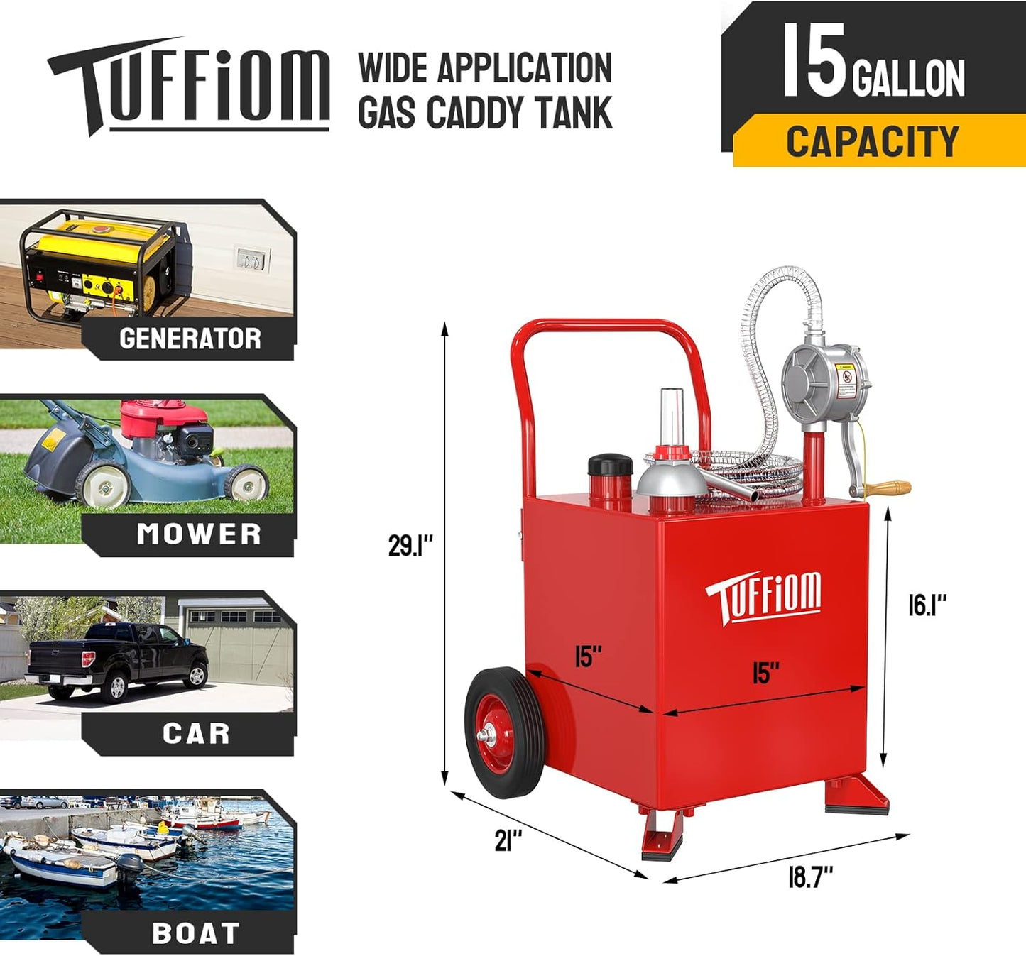 TUFFIOM 15 Gallon Fuel Gas Caddy w/Wheels & Manual Siphon Pump, Portable Diesel Fuel Transfer Storage Tank w/8.9ft Hose, Gasoline Can Container for ATV Car Mowers Tractor Boat Motorcycle