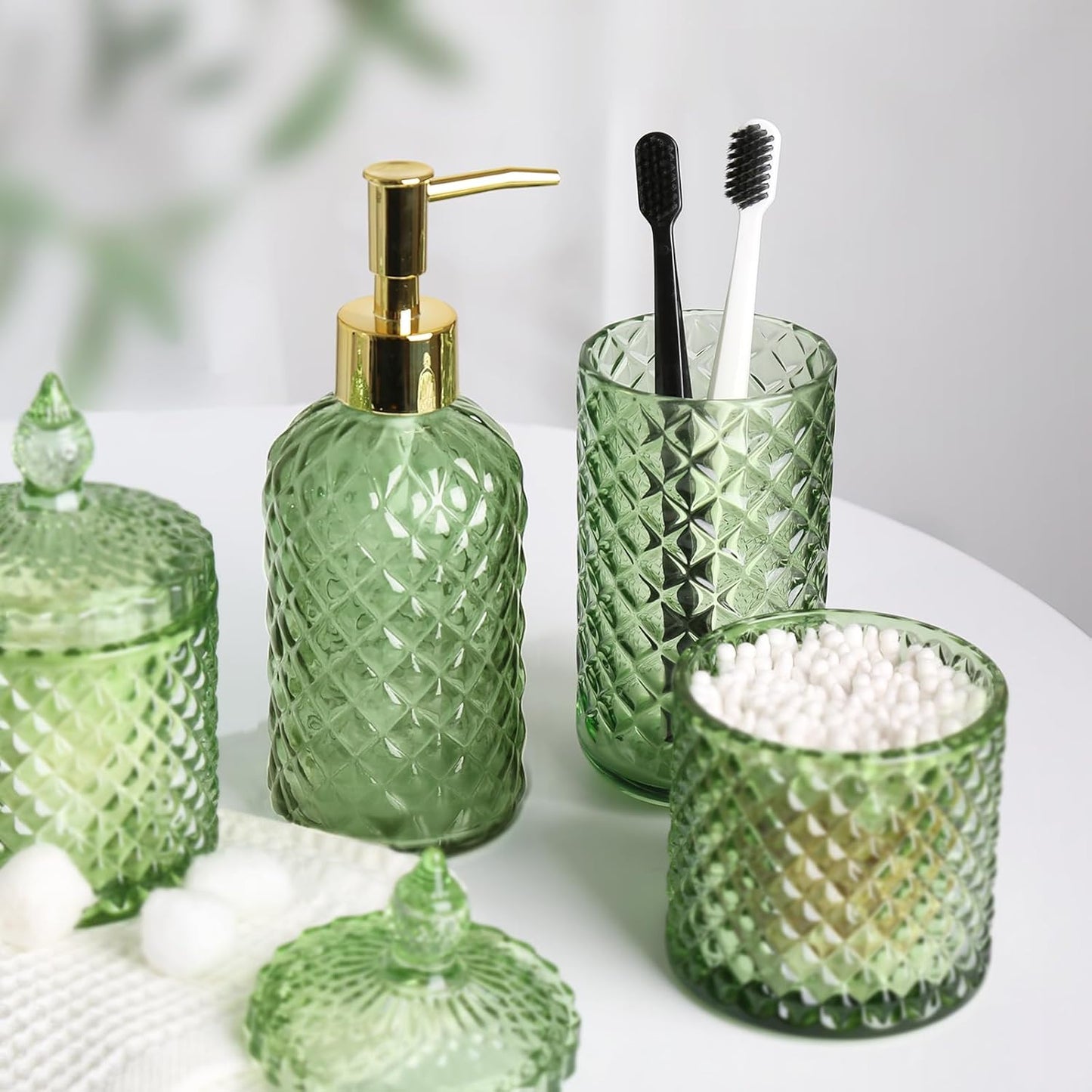 Green Bathroom Accessories Set, 4 Pack Olive Green Bathroom Decor Accessory Sets Complete, Diamond Glass Soap Dispenser and Toothbrush Holder Set for Bath Counter Organizer Essentials