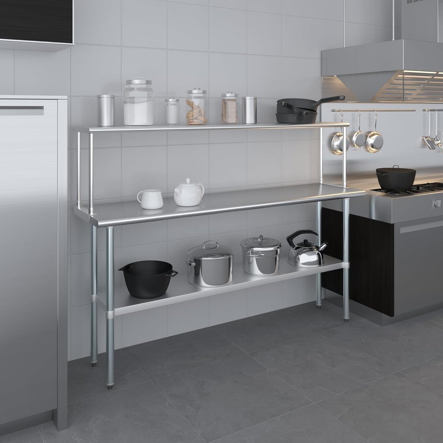 Stainless Steel Work Table with Wide Single Tier Overshelf | Metal Kitchen Prep Table & Shelving Combo (18" x 72" Work Table + 12" Overshelf)