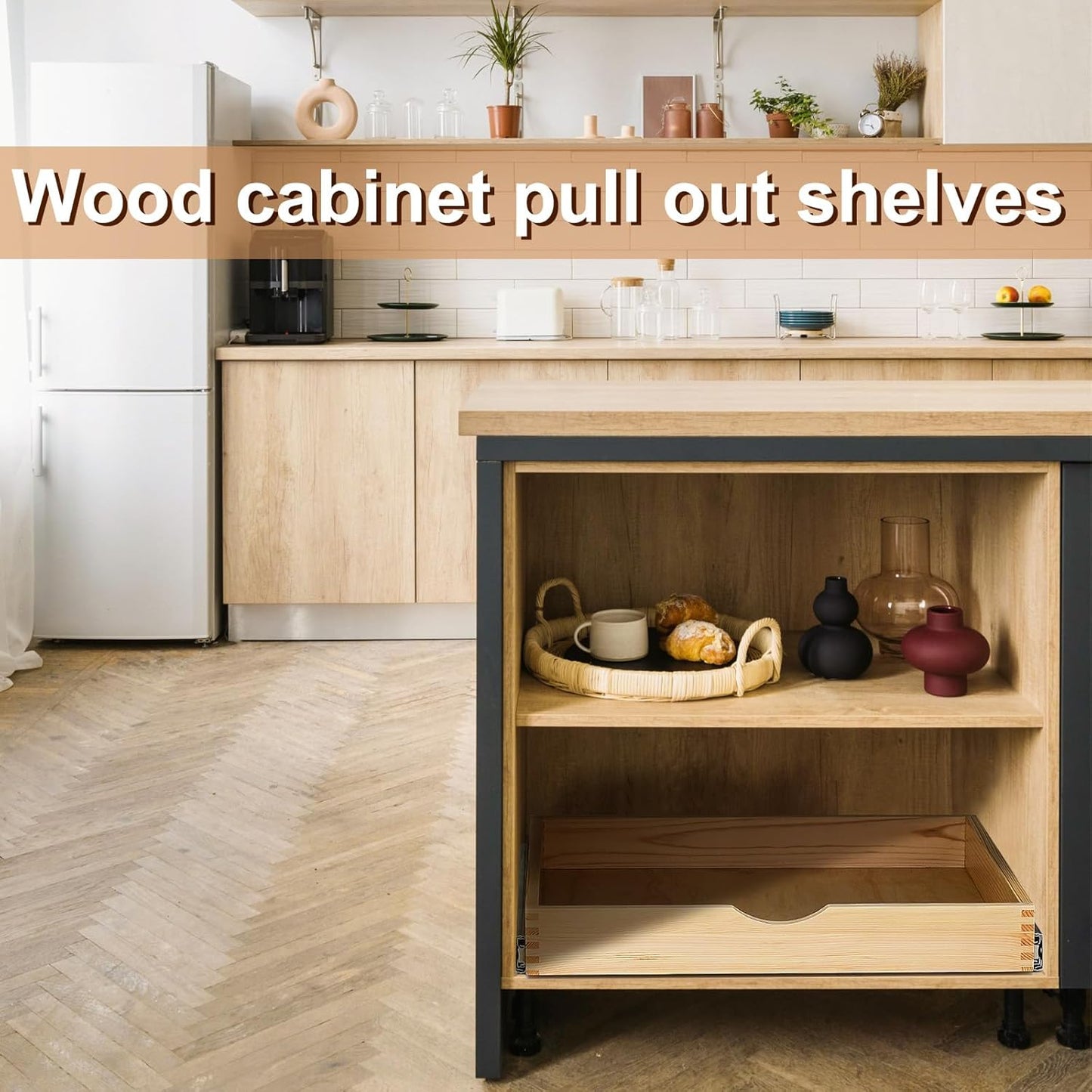 Menkxi 2 Set Pull out Tray Cabinet Organizer Wooden Pull Drawers storage Slide out Pantry Shelf for Base Cabinet Kitchen Gentle Close Fully Assembled Accessories(Wood Color,24'' X 21'' X 3'')