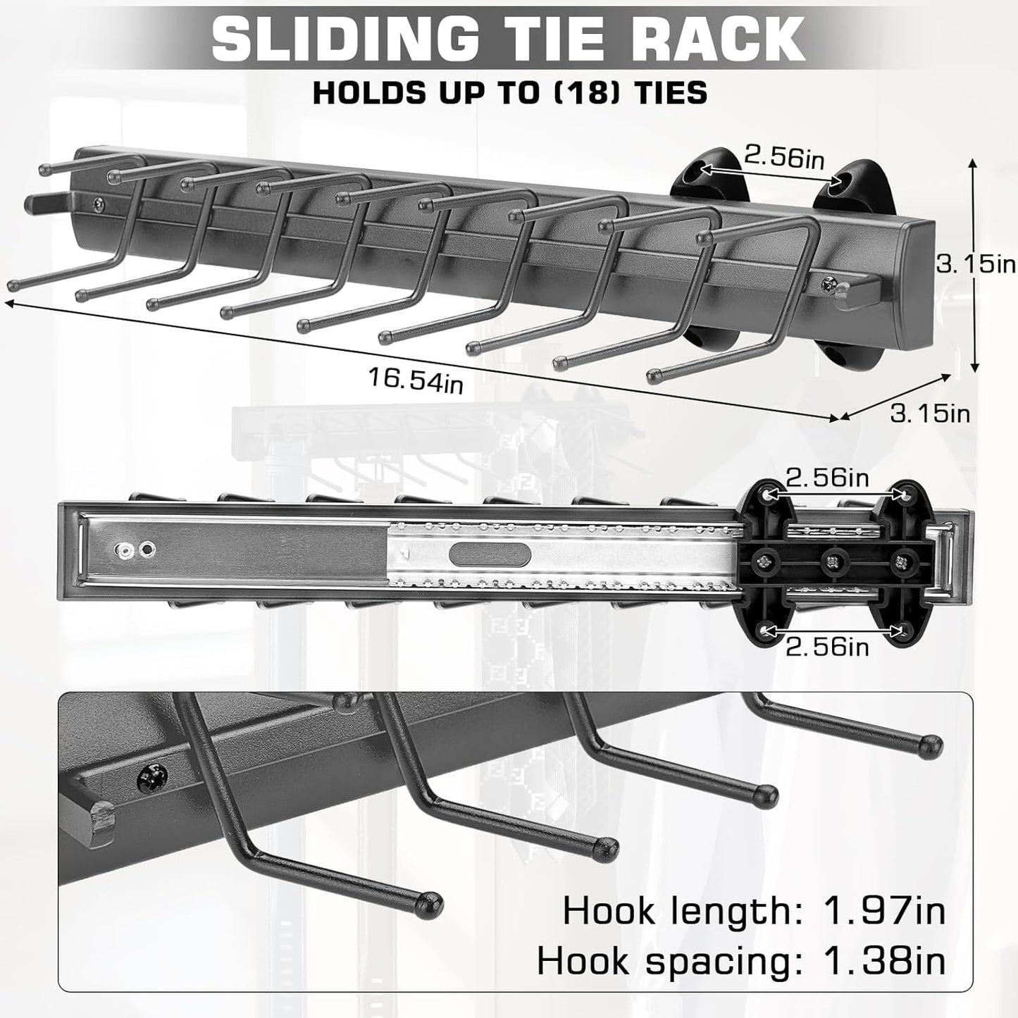 Sliding Tie Racks, 18 Tie Hanger Pull Out Belt Rack 16.5'' Aluminum Alloy Extendable Wardrobe Closet Organizer with 18 Hooks for Belts, Ties, and Scarves, 16.5'' x 3.15''(Sprayed Grey)