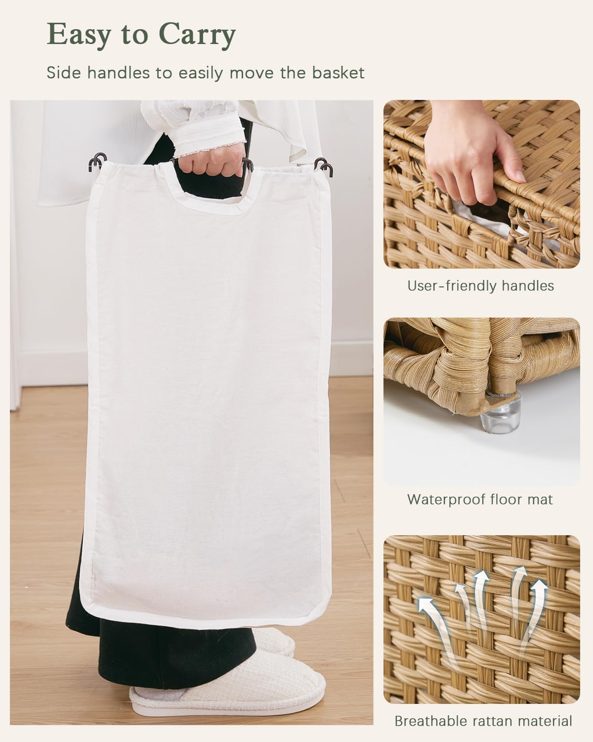 Laundry Hamper with Lid Wicker Laundry Basket 112 L (29.6 Gal) Laundry Hampers Handwoven Rattan Clothes Hamper with Handles 3 Removable Liner Bag, 6 Mesh Bags for Bathroom Bedroom Natural