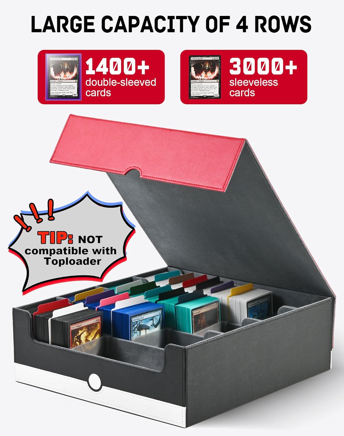 ZLCA Card Storage Box Holds 3200+, Deck Storage Case with 4 Stoppers, Card Organizer for TCG MTG PTCG(Red&White)