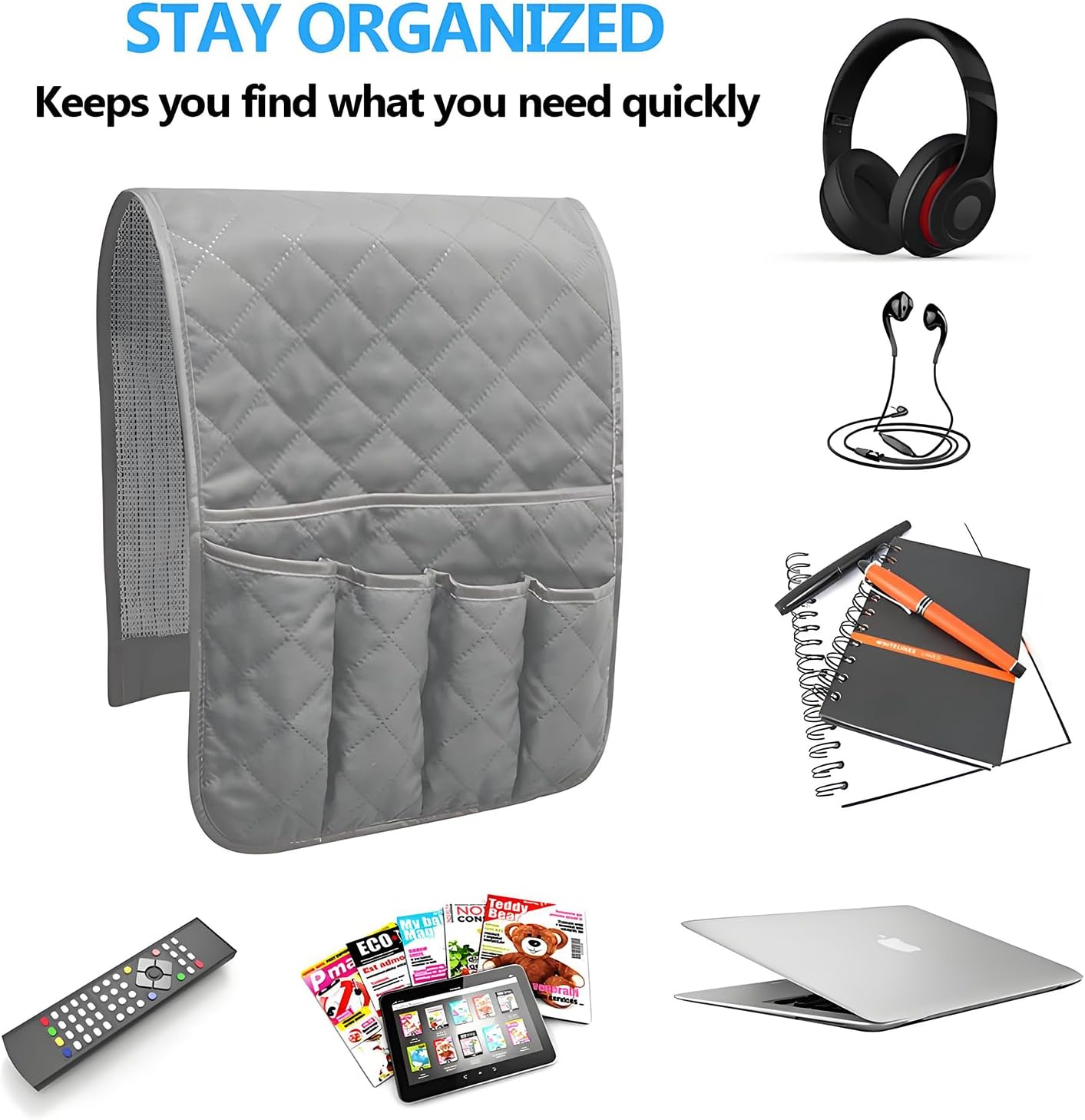 Sofa Armrest Organizer Non-Slip Arm Chair Bedside Caddy Storage Organizer for Recliner Couch with 5 Pockets for Cell Phone TV Remote Control Magazines(LIGHT GRAY)
