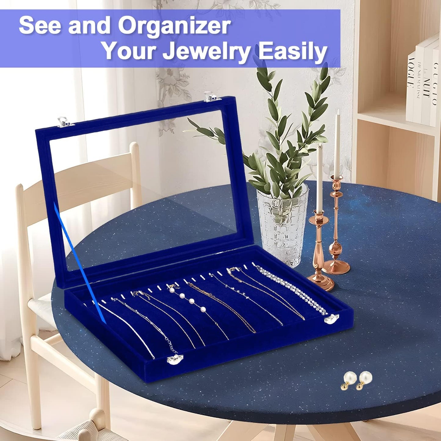 Jenseits Jewelry Display Box For Necklace Organizer, Velvet Necklace Storage Tray For Drawer, 20 Hooks Large Velvet Showcase Holder, Jewelry Organizer With Transparent Lid, Gifts For Her - Blue