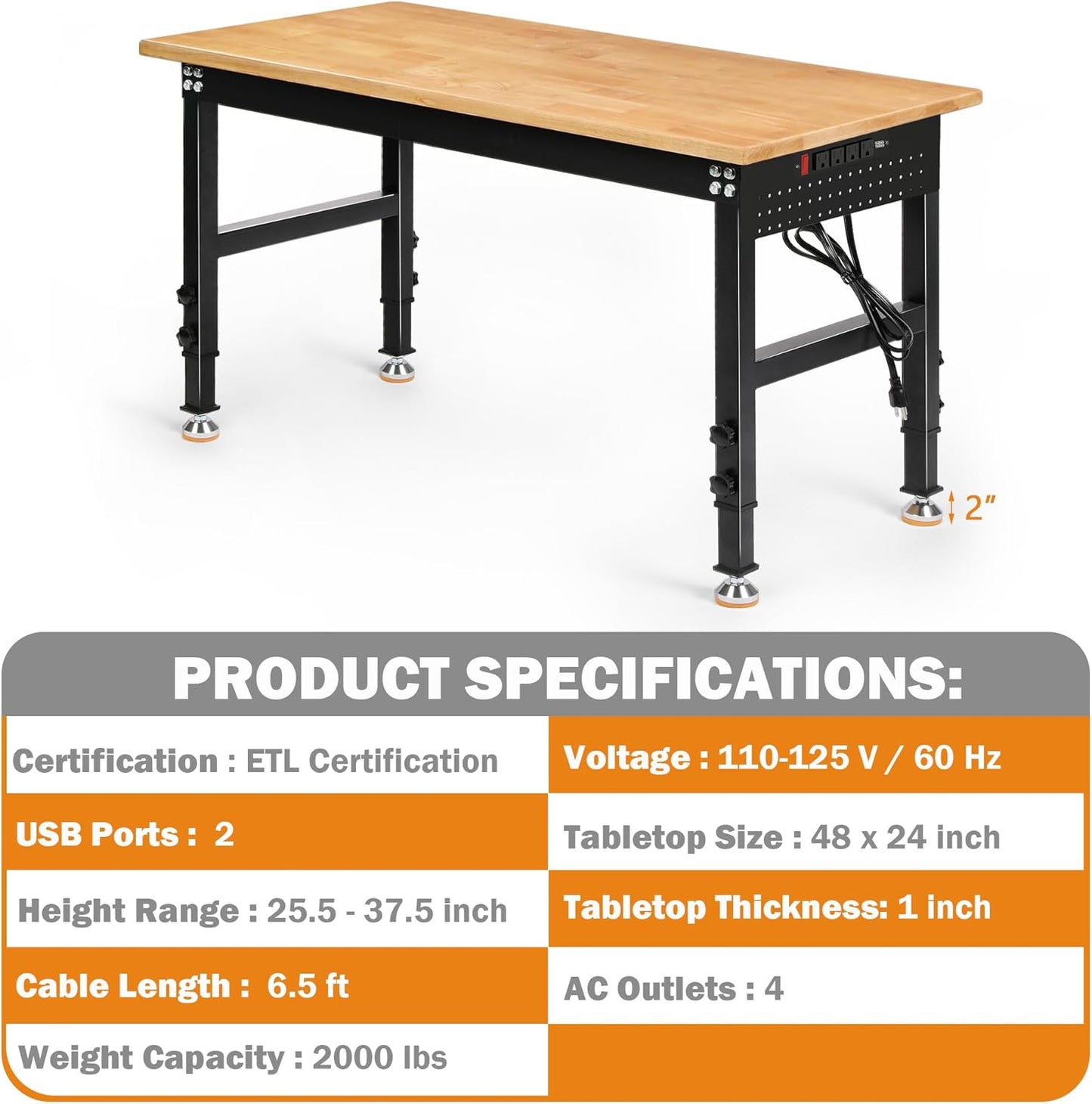 Betterhood Adjustable Height Workbench, 48" Rubber Wood Top Heavy Duty Workstation with Power Outlets, 2000 LBS Load Capacity Hardwood Worktable for Workshop, Garage, Office, Home, Commercial