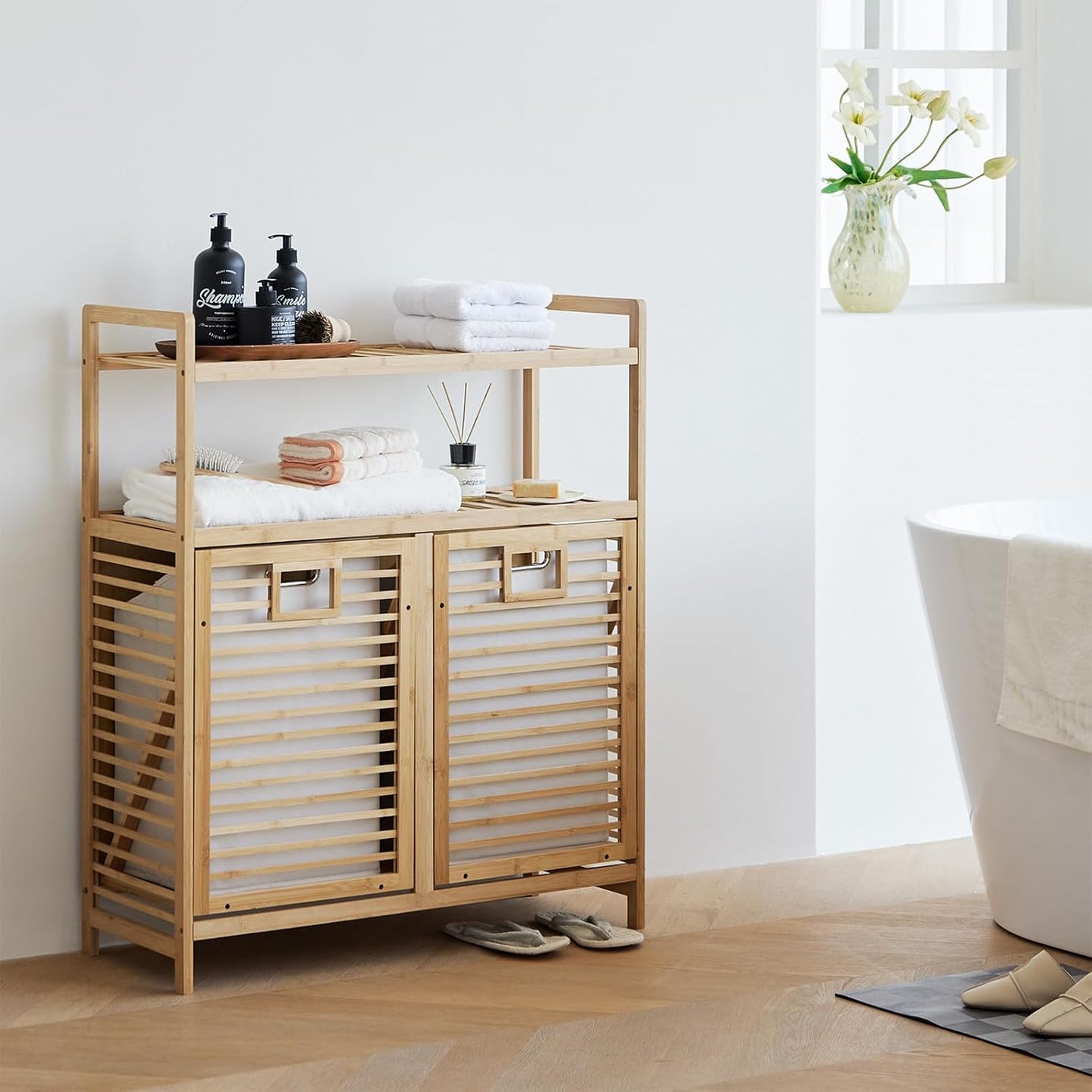 Double Tilt Out Laundry Hamper, Bamboo Hamper with 2 Removable Bags, Pull Out Laundry Hamper Cabinet, Bathroom Storage Shelf for Laundry Room, Living Room, Bedroom (2-Tier, Natural)