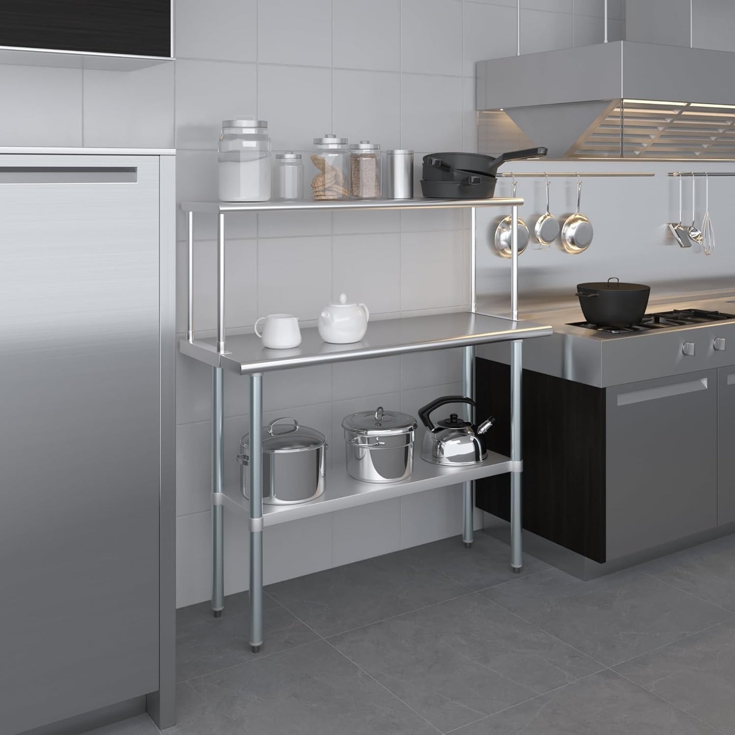 Stainless Steel Work Table with Wide Single Tier Overshelf | Metal Kitchen Prep Table & Shelving Combo (18" x 48" Work Table + 12" Overshelf)