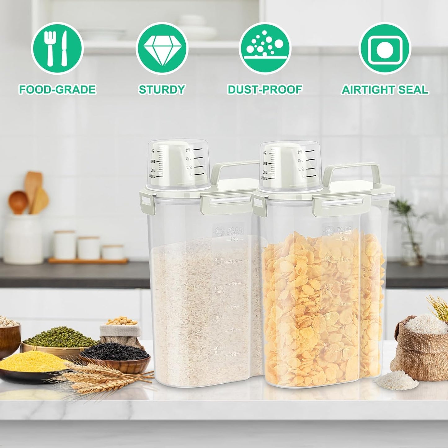 TBMax Rice Storage Container 3 to 5 Lbs - Small Pet Dog Cat Food Container Dispenser with Easy Pouring Spout & Cup, Portable Cereal Container for Small Spaces, Travel, or Daily Use -Beige