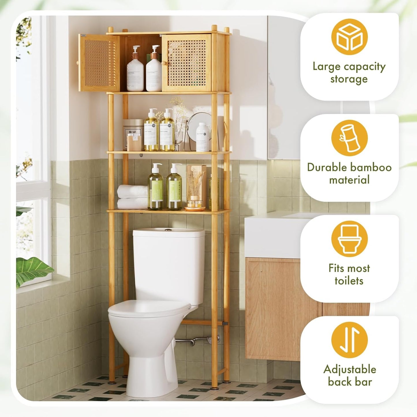 Over The Toilet Storage Cabinet Bamboo, 4-Tier Over Toilet Organizer Rack Freestanding Toilet Shelf for Bathroom, Laundry, Space Saver, Natural Color