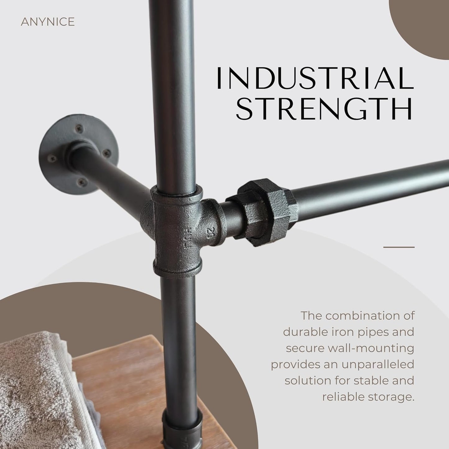 Industrial Pipe Clothing Rack, Wall Mounted Garment Hanging Rack with Shelves, 14.6x112.6x82.7 Inches, Model Y03