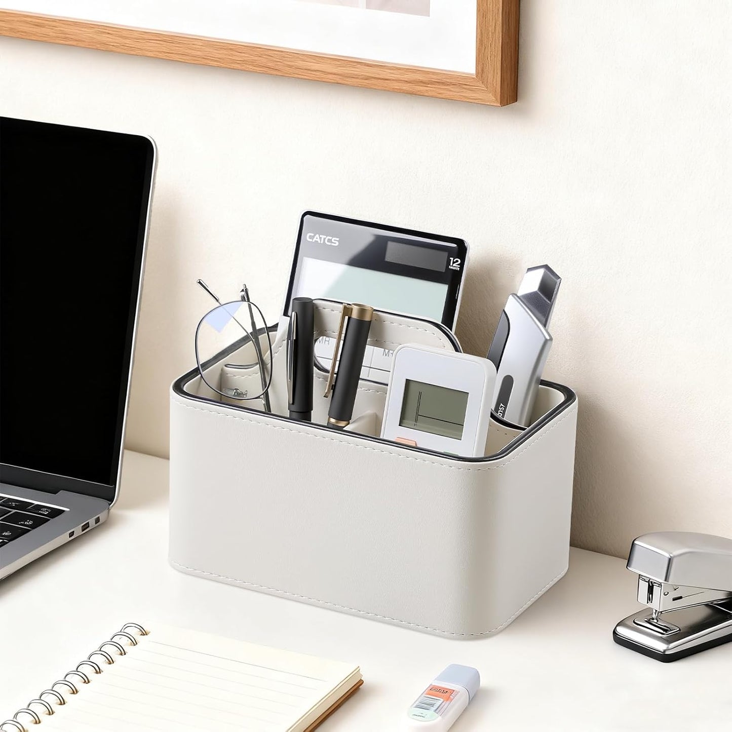 Caddy Organizer with Handle, PU Leather Remote Control Holder Desk Caddy, Portable Makeup Office Supply Organizer for Bathroom, Nightstand, Dresser (Cream)