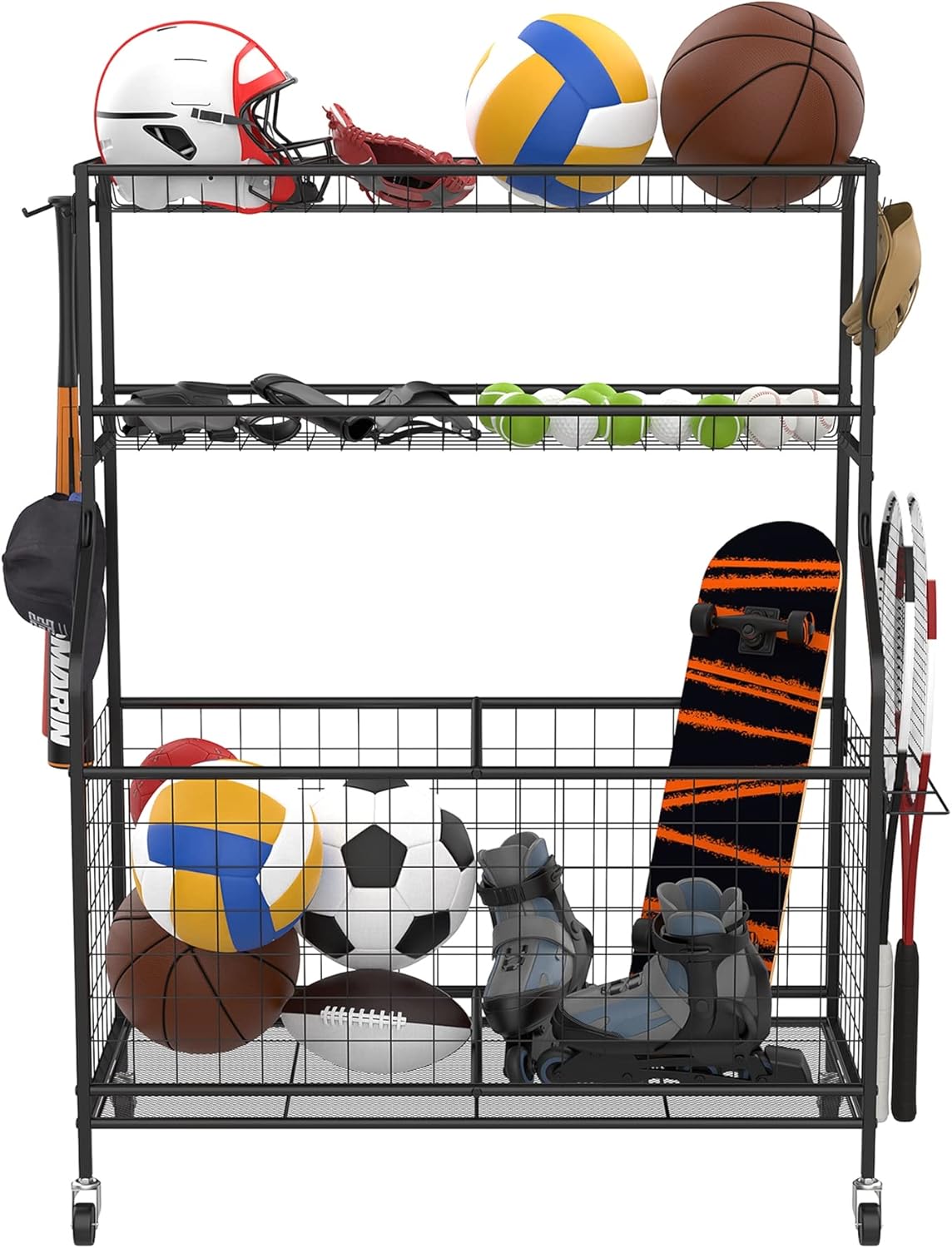 WALMANN Garage Ball and Sports Equipment Organizer, Ball Storage Rack Indoor/Outdoor Kids Ball/Toy Storage Organizer Bins, Rolling Ball Cart with Baskets