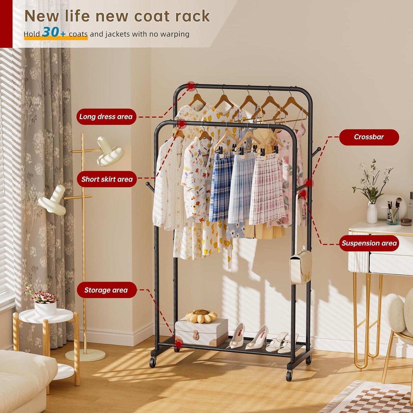 Clothes Garment Coat Rack Drying Clothing Racks Metal Freestanding for Hanging Clothes Portable Closet for Laundry Bedroom Black