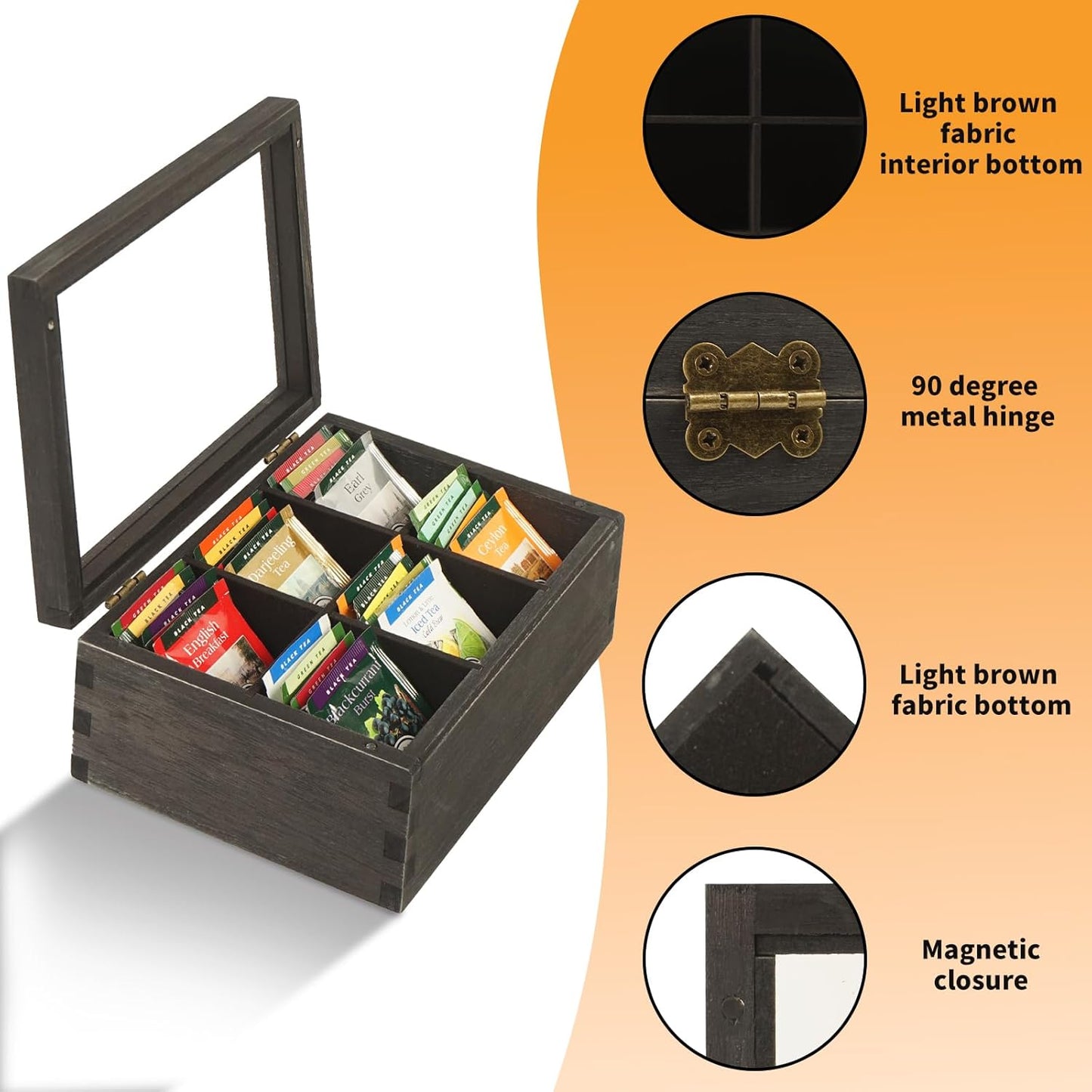 LI.TOPWP Black Wood Tea Bag Organizer, 6 Compartment Multi-Functional Tea Box and Storage Organizer,Tea Storage Chest with Acrylic Lid