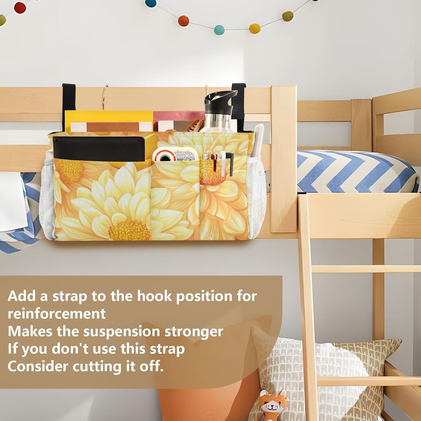 Bright Yellow Chrysanthemum Flowers and Lemon Bedside Caddy for Dorm Bed Bedside Hanging Caddy Bag Iron Frame Storage Organizer Pocket for Bunk Home College Hospital Beds 2 Hooks