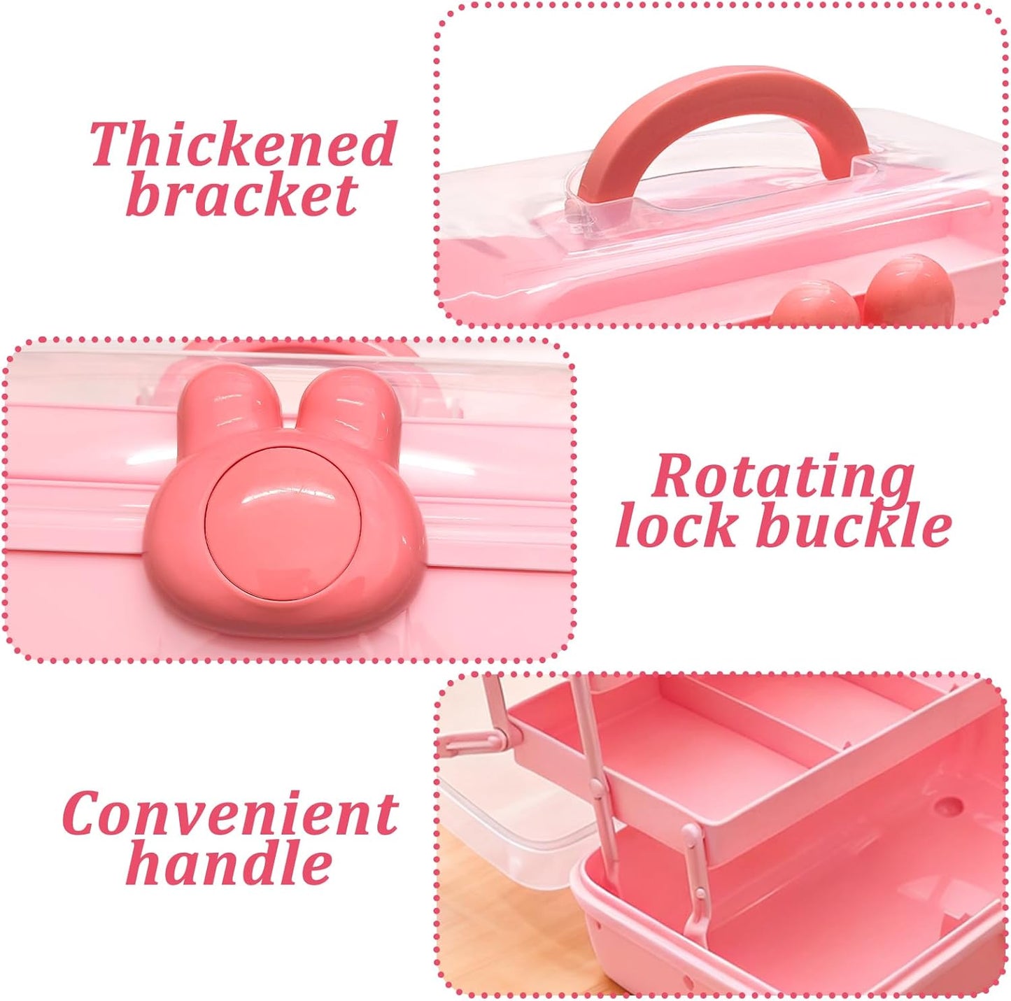3-Tier Lockable Hair Accessories Organizer for Girls - Foldable Craft Storage Box Pink Plastic box with 2 Trays for Headbands, Art Supplies, Beads & Washi Tapes