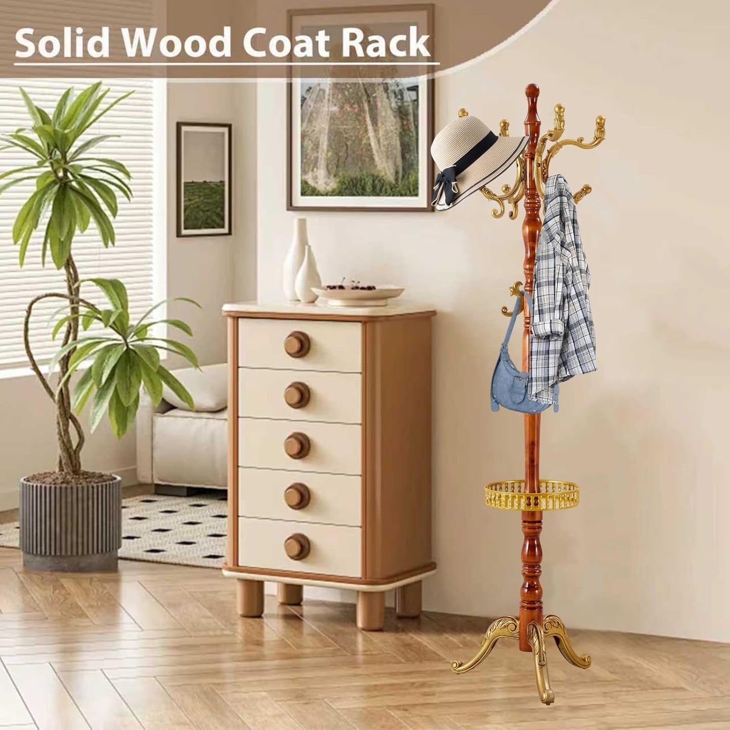 Solid Wooden Coat Rack Stand, Coat Racks Freestanding with 14 Hooks, Natural Birch Wood Coat stands with Sturdy Round Base, Tree Coat Hanger Standing for Entryway Bedroom Office(Begonia triangle2)