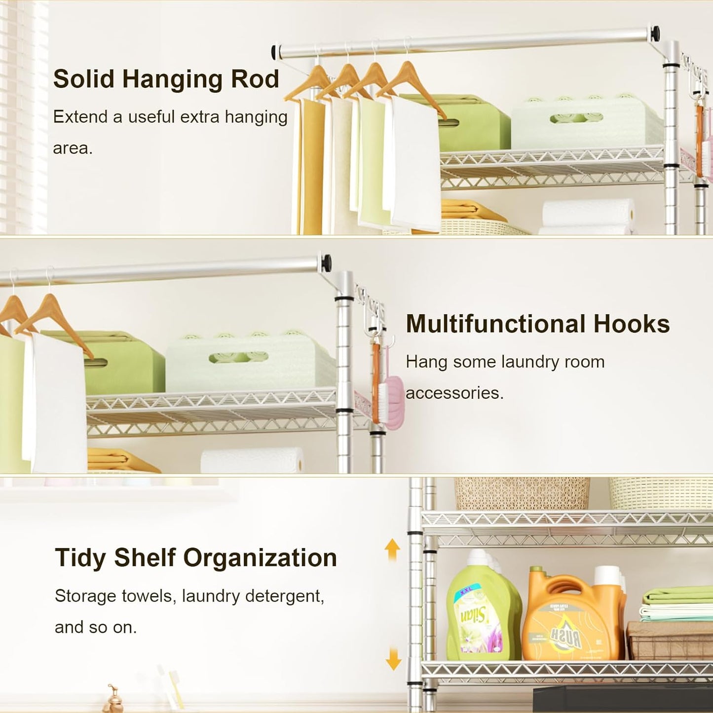 Ulif U11 Over Washer and Dryer Shelves, 3 Tiers Laundry Room Storage and Organizer Standing Shelf, Metal Freestanding Clothes Drying Rack, 33.9" W x 19.7" D x 77.6" H, Chrome