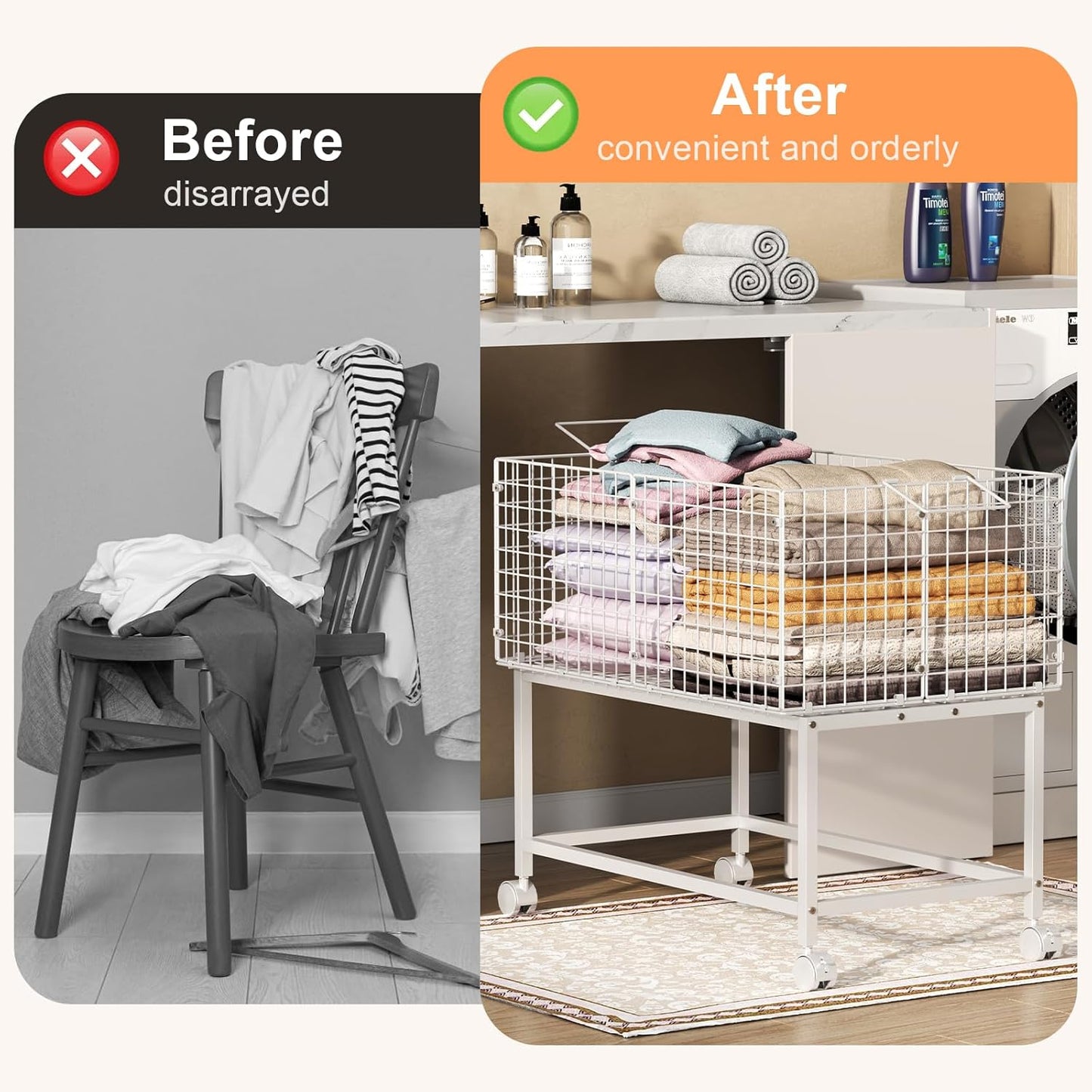Large Rolling Laundry Basket Cart,Wire Laundry Hamper Cart with Handle and Wheels,White High Laundry Hamper for Laundry Room,Bedroom and Bathroom-120L White (29.5" L*19.7" W*27.95" H inch)
