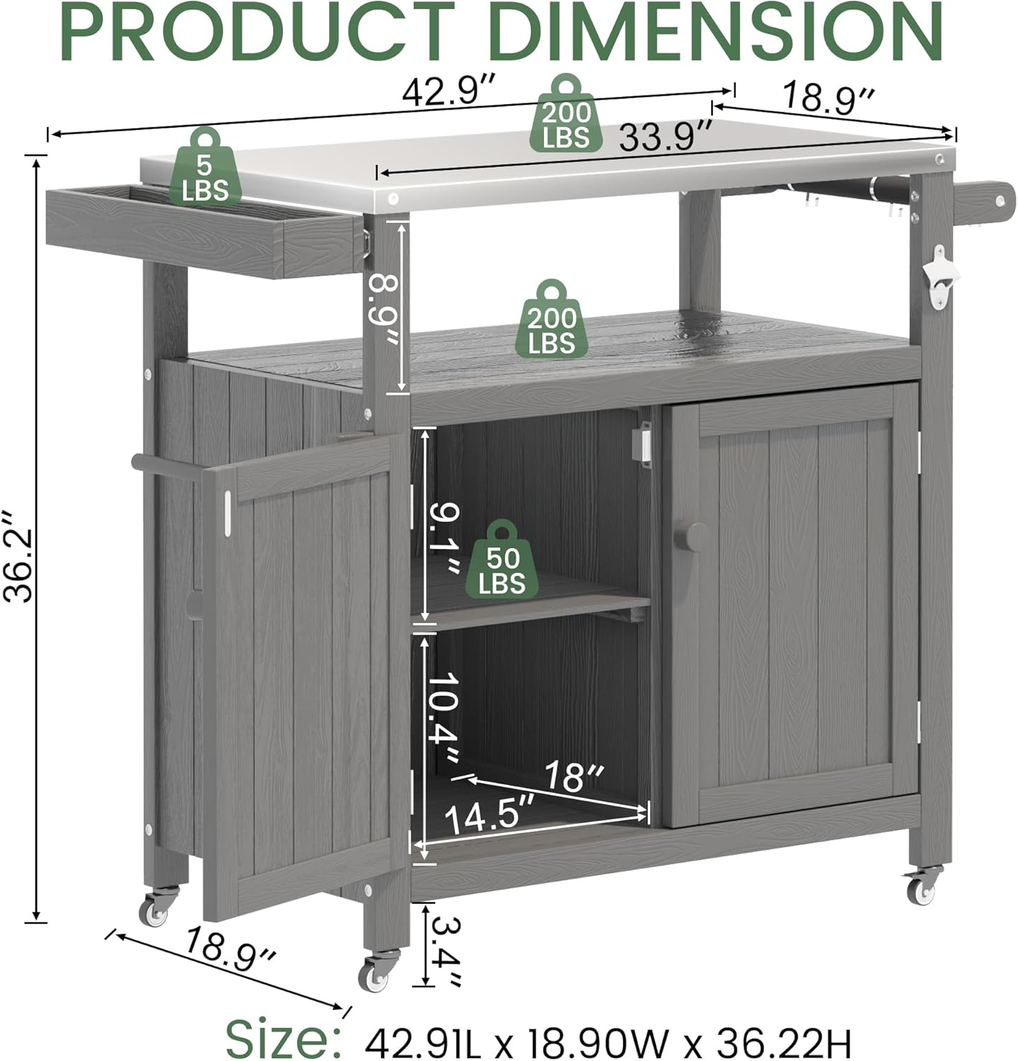 Weatherproof HIPS Outdoor Kitchen Island with Stainless Steel Top & Storage Cabinet, Movable Prep Table with Wheels for BBQ Food Prep, Outdoor Grill Cart for Parties, Grey