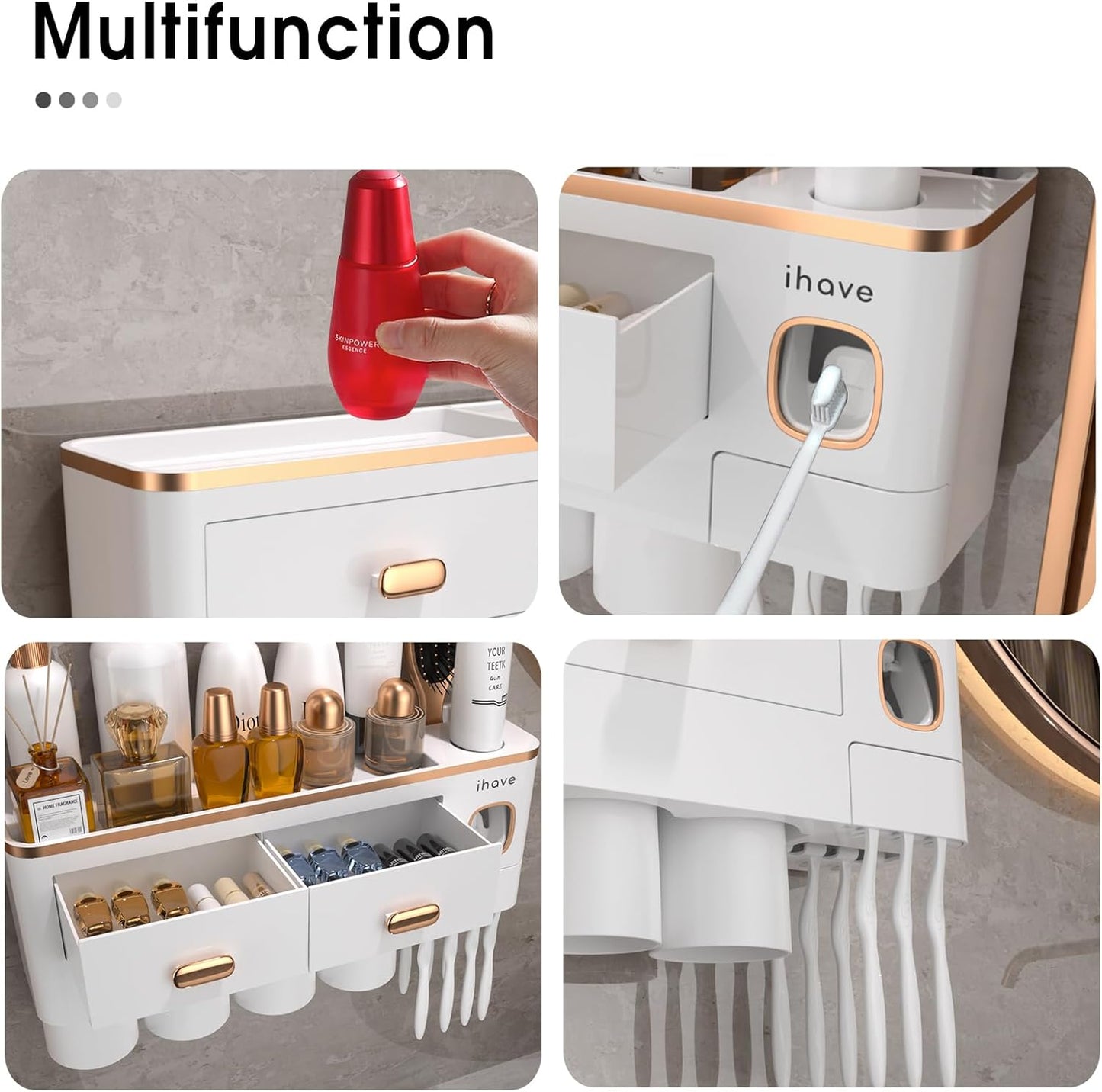 iHave Toothbrush Holders for Bathrooms - Upgrade Wall Mounted Toothbrush Holder with Toothpaste Dispenser - 4 Cups, Large Capacity Tray, 2 Cosmetic Drawer - Bathroom Organizers and Storage