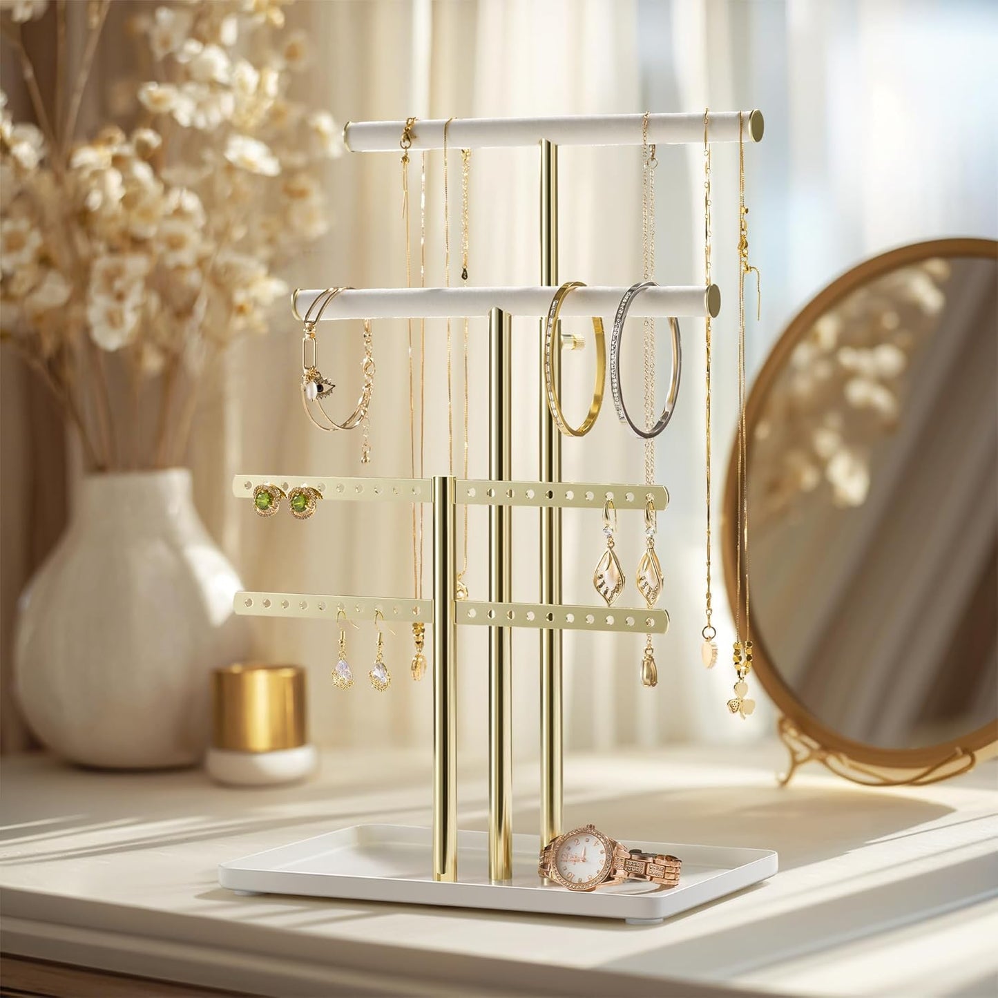 pickpiff Jewelry Holder Organizer with Velvet, Adjustable 10"-17" Tall, Metal Stand for Display Bracelet, Necklace, Earrings, Rings, White and Gold