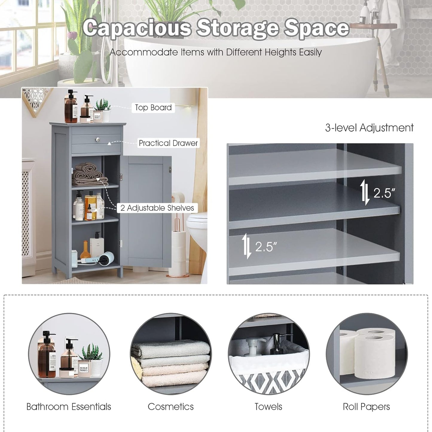 HAPPYGRILL Bathroom Floor Cabinet, Single Door Floor Storage Cabinet Organizer with Drawer and 3-Level Adjustable Shelves, Bathroom Cabinets Freestanding with Anti-Tipping Device for Living Room